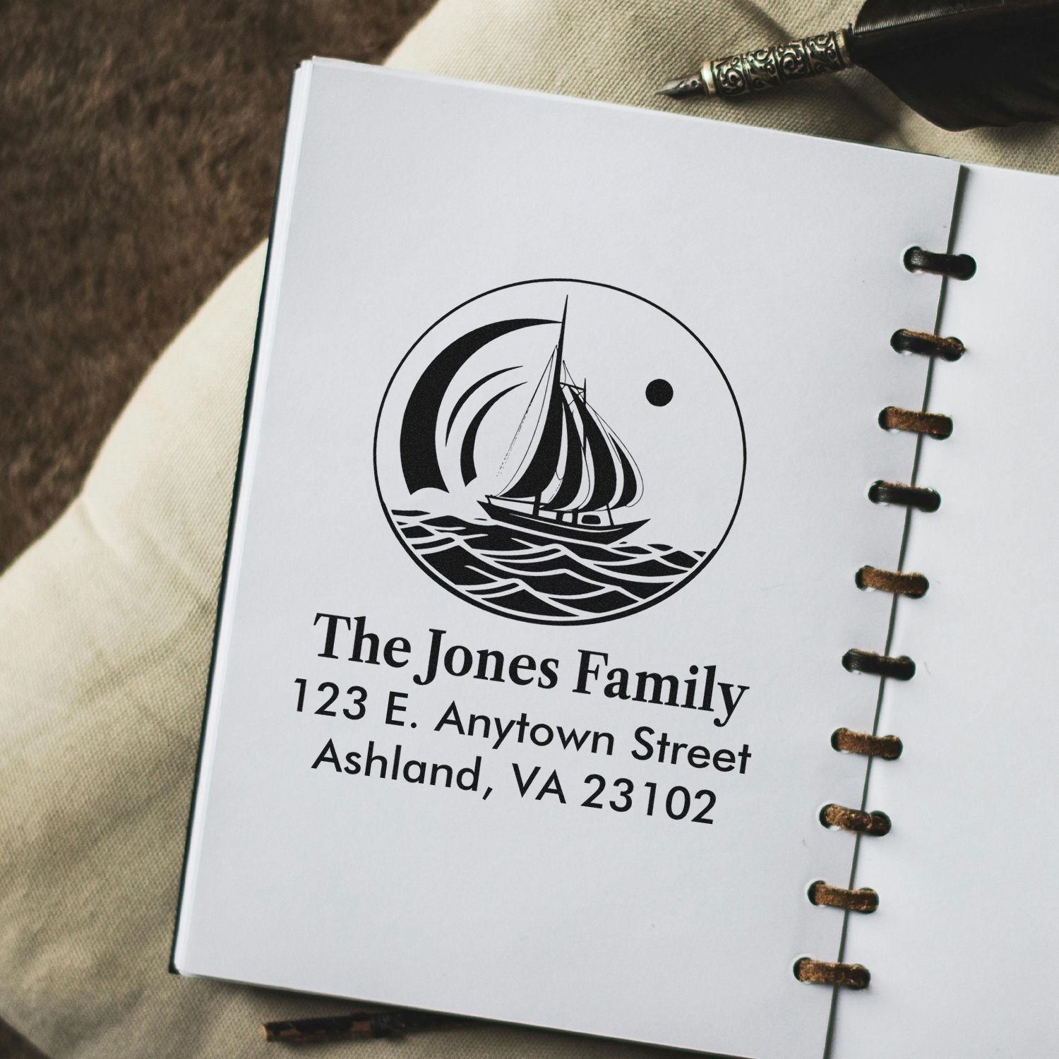 Custom rubber address stamp design with sailboat logo for The Jones Family, perfect for personalized mailing.