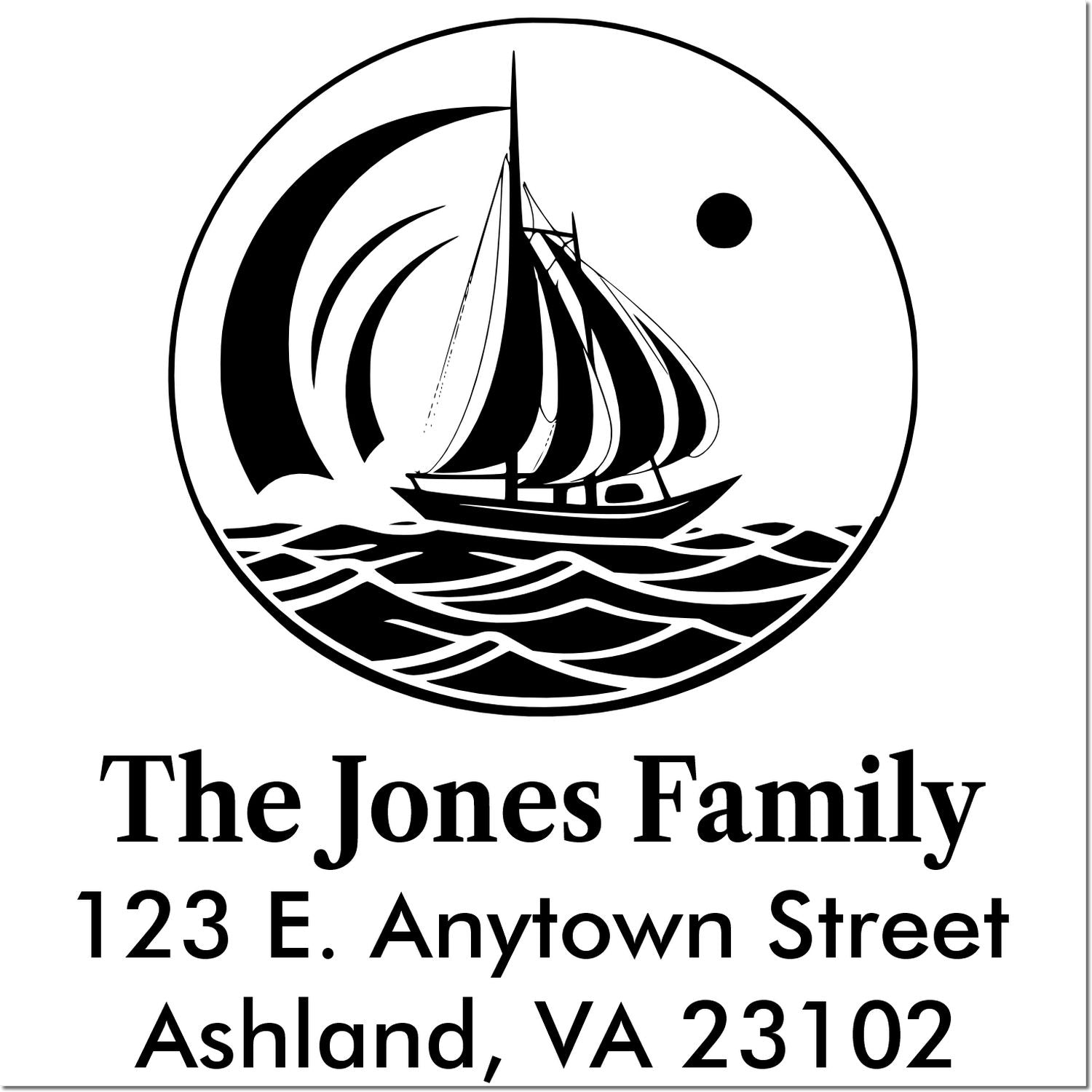 Custom return address rubber stamp with sailboat logo for The Jones Family, 123 E. Anytown Street, Ashland, VA 23102.