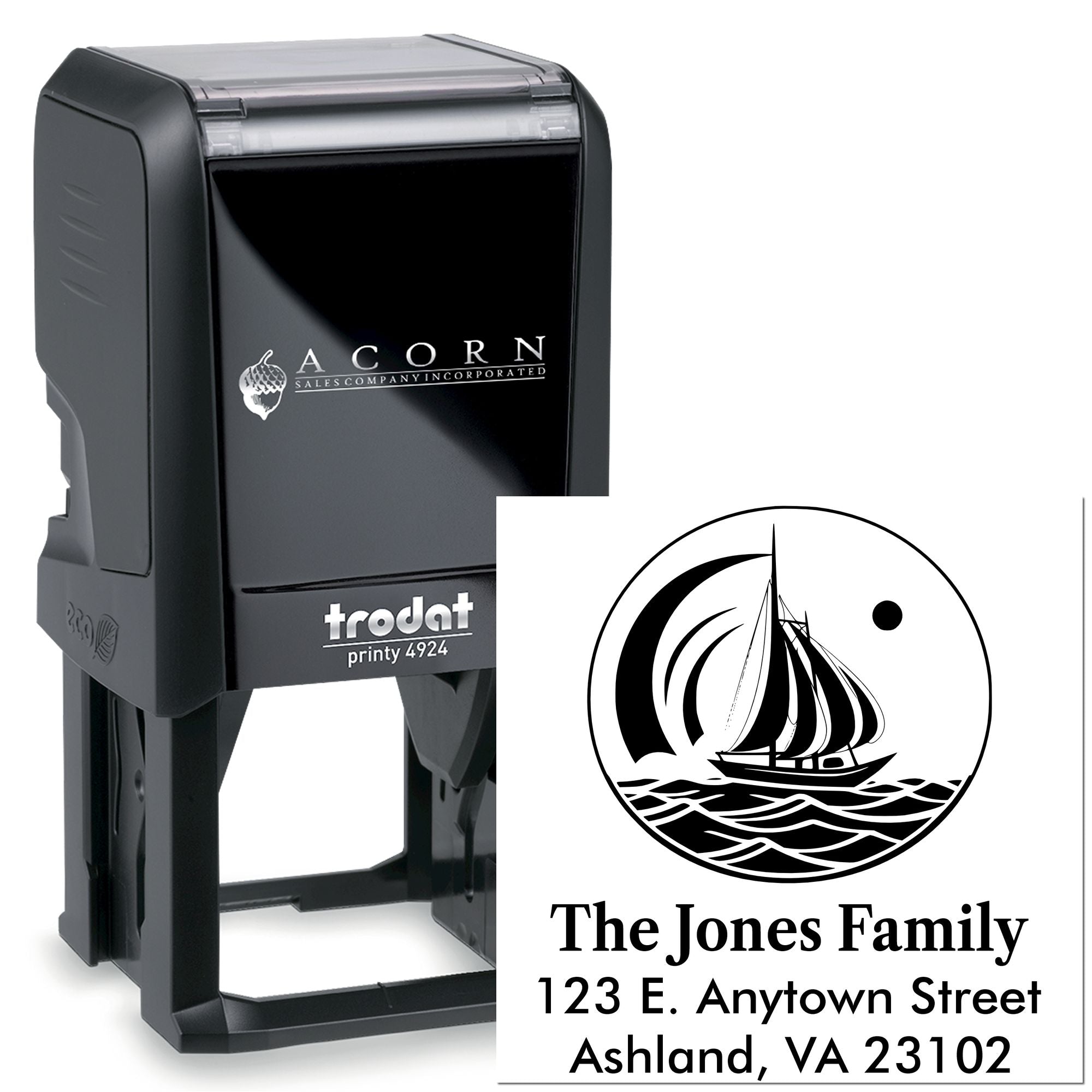 Personalized self-inking rubber stamp for family address labels, featuring sailboat design and The Jones Family, Trodat Printy 4924
