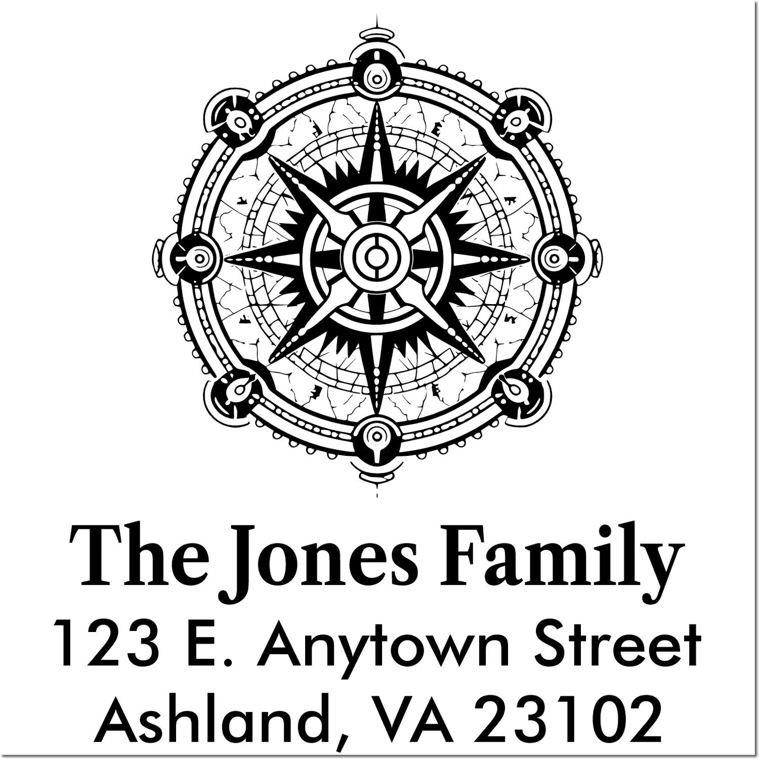 Custom rubber stamp return address design for The Jones Family, Ashland, VA 23102 with nautical compass emblem