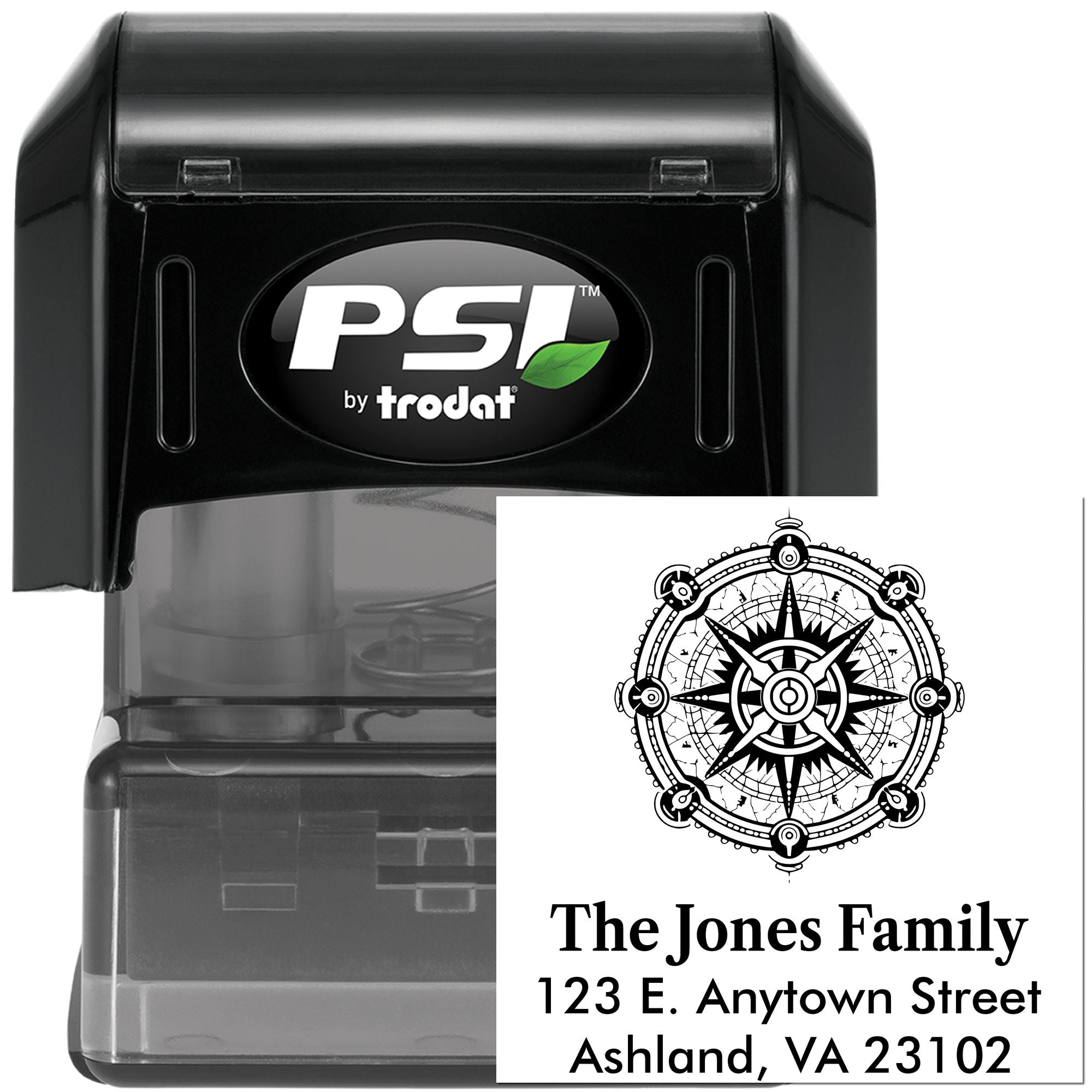 Custom self-inking rubber stamp with family name, address, and compass design for return address labeling.
