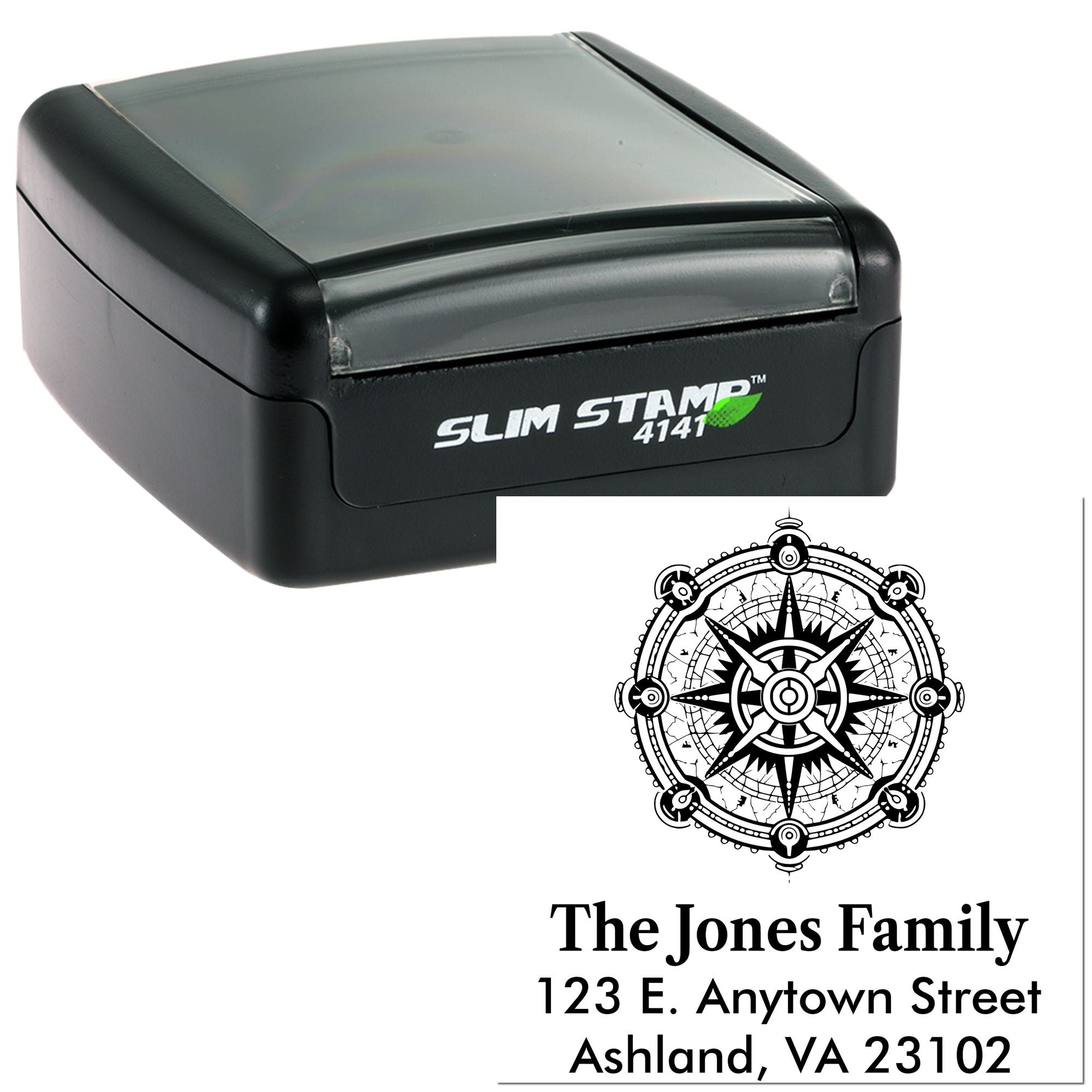 Slim Stamp 4141 custom self-inking rubber address stamp with family name and return address design