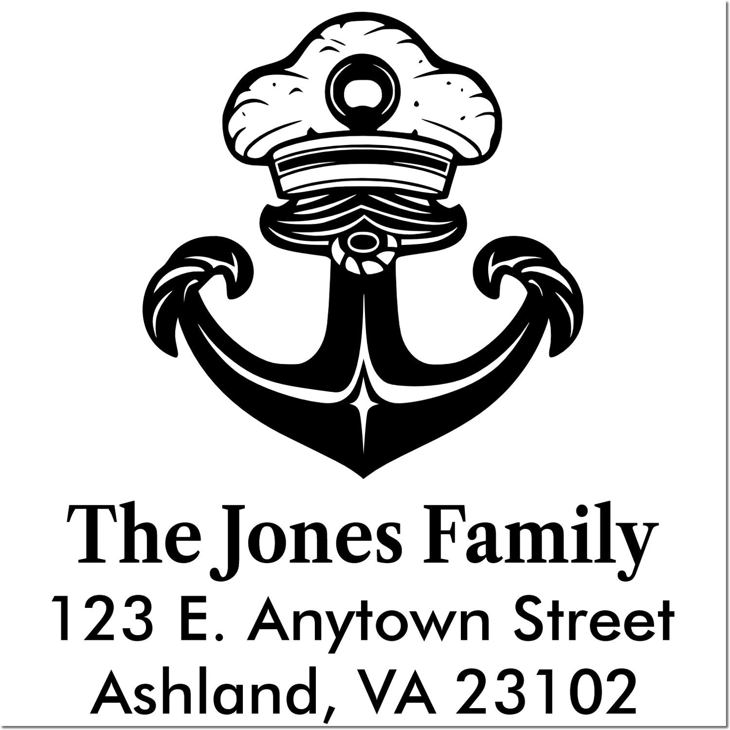 Custom nautical family address rubber stamp with anchor design for The Jones Family, 123 E. Anytown Street, Ashland, VA 23102.