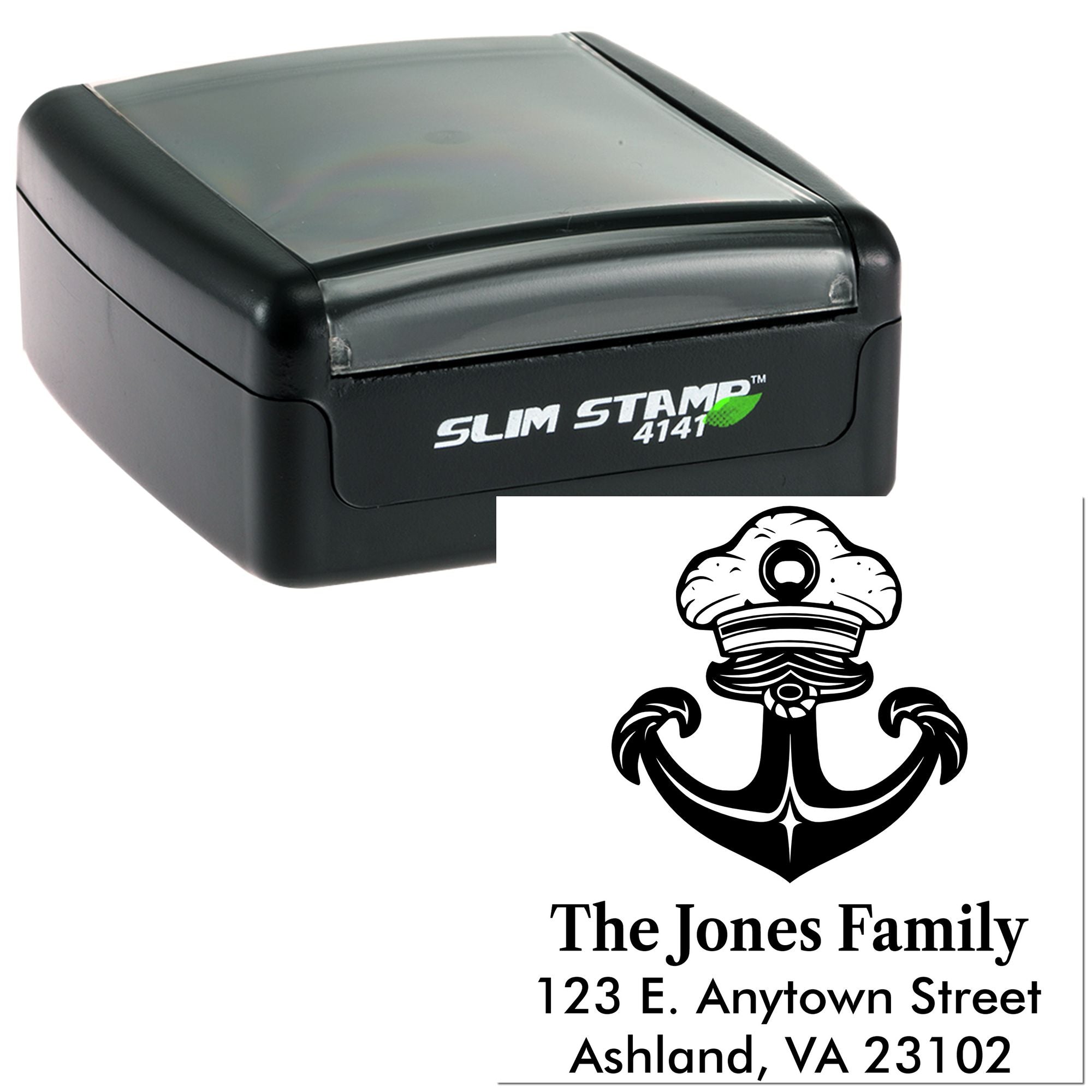 Custom self-inking rubber return address stamp with nautical anchor design for The Jones Family, Ashland, VA