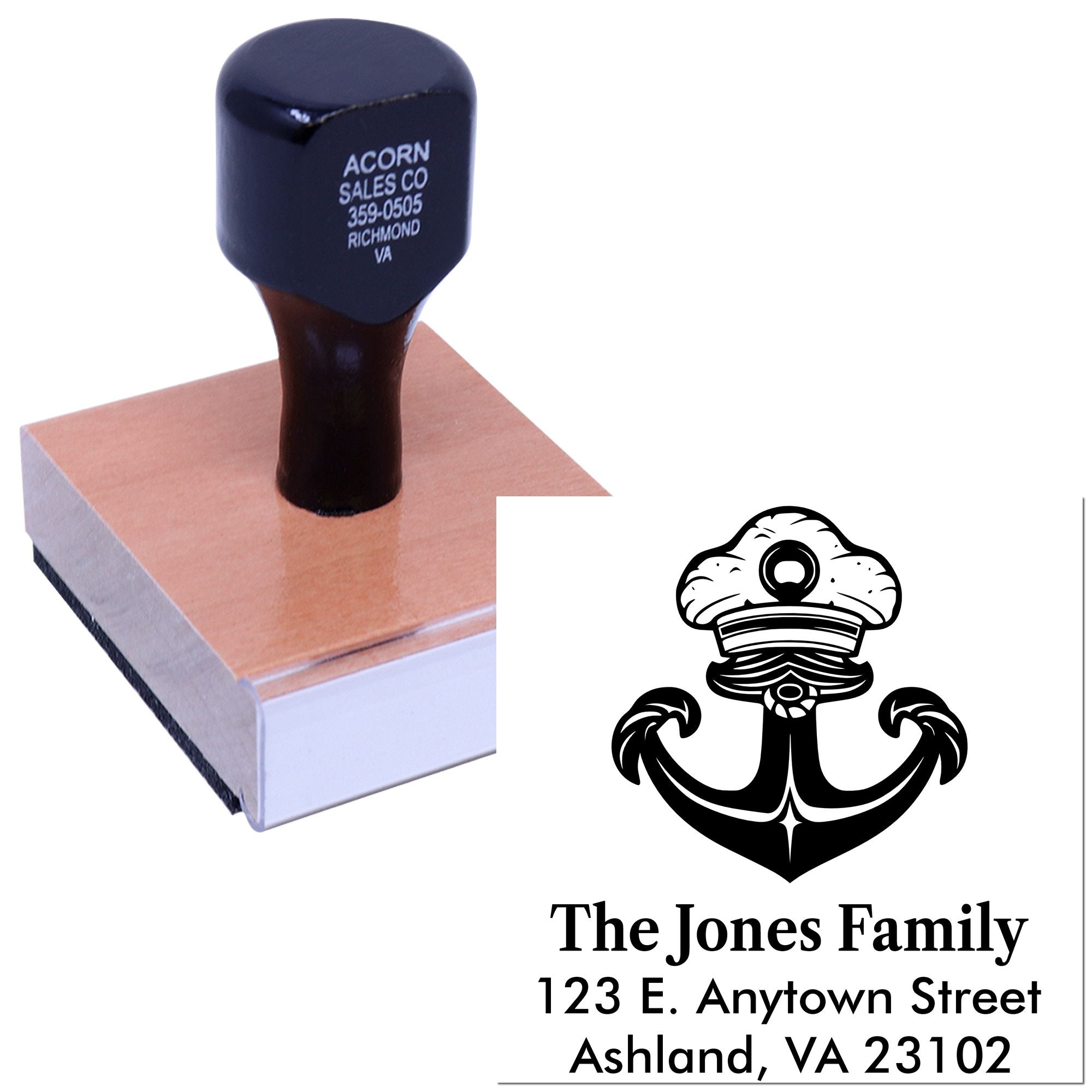 Custom rubber address stamp with anchor design for The Jones Family, ideal for personalized mailing and stationery.