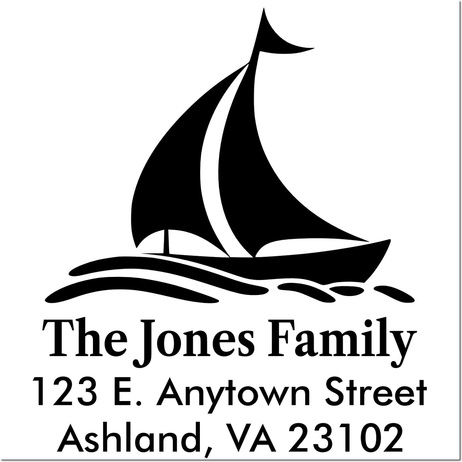 Personalized sailboat return address rubber stamp for The Jones Family, 123 E. Anytown Street, Ashland, VA 23102.