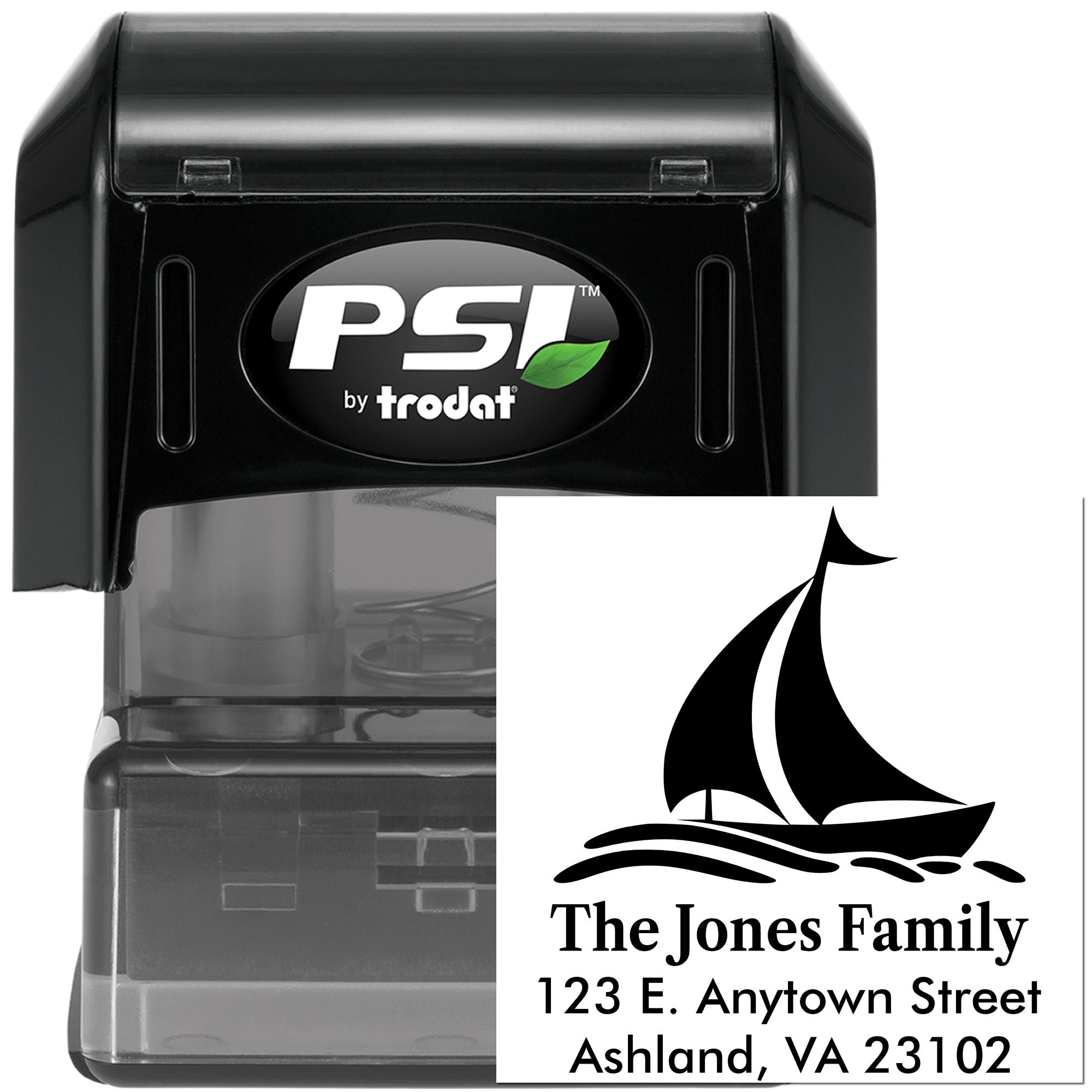 PSI by Trodat custom self-inking return address rubber stamp with sailboat logo for The Jones Family, Ashland VA.