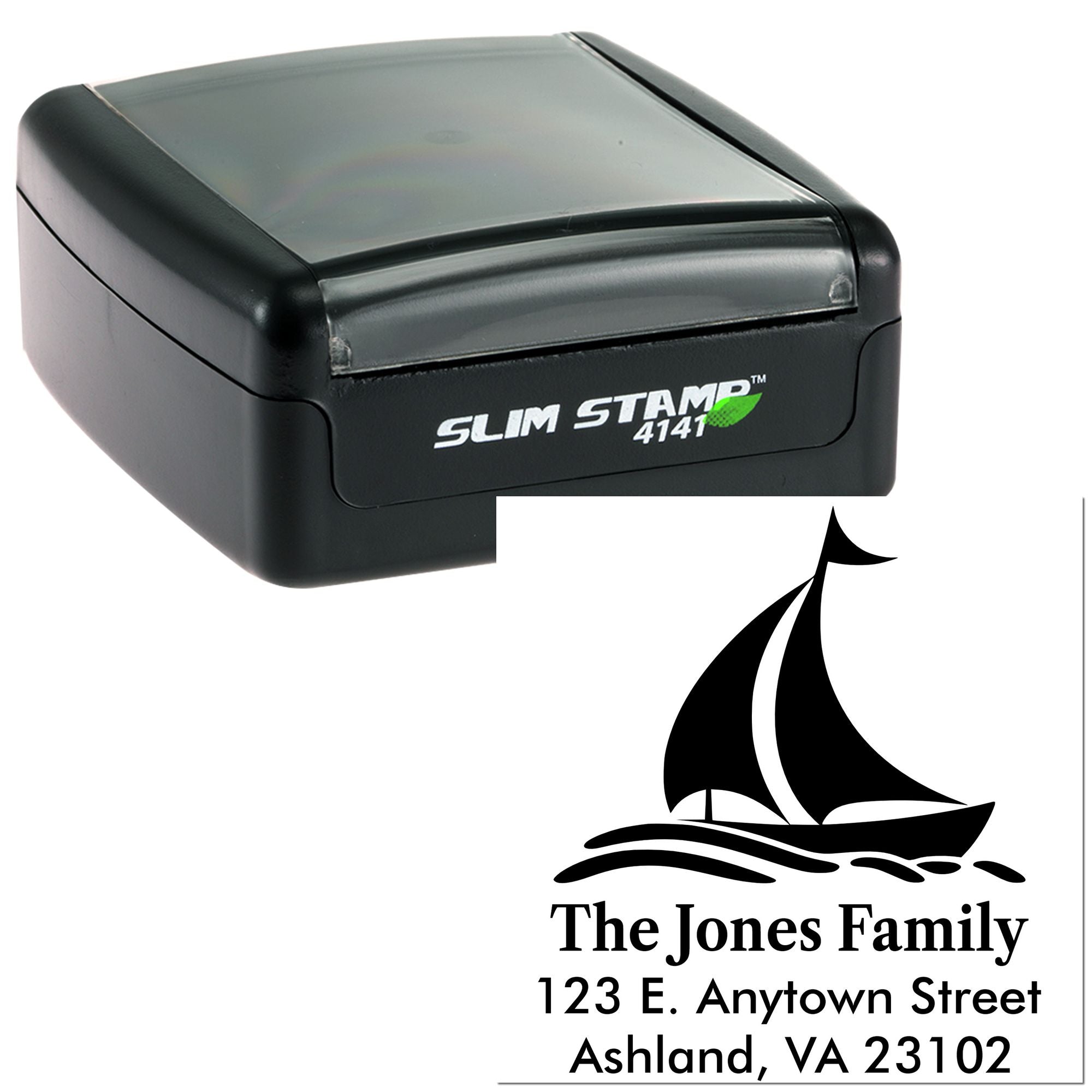 Custom self-inking rubber address stamp with sailboat design for The Jones Family, Ashland, VA 23102