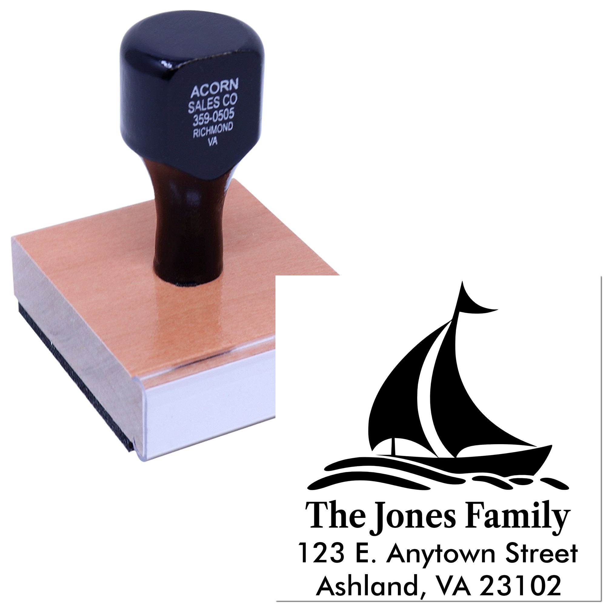 Custom return address rubber stamp with sailboat family logo and address imprint example for personalized mail and home use