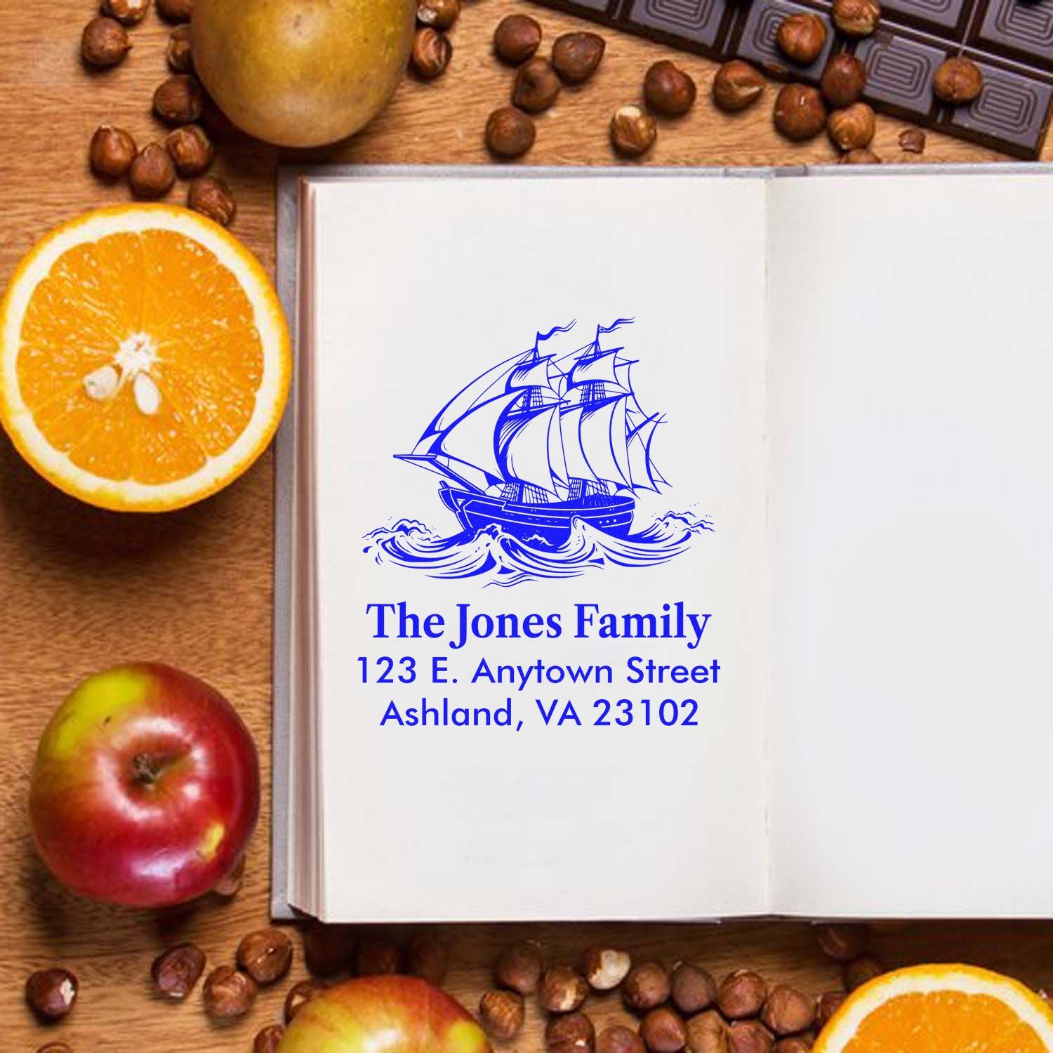 Custom nautical return address rubber stamp with ship design for The Jones Family, featuring name and Ashland, VA address.