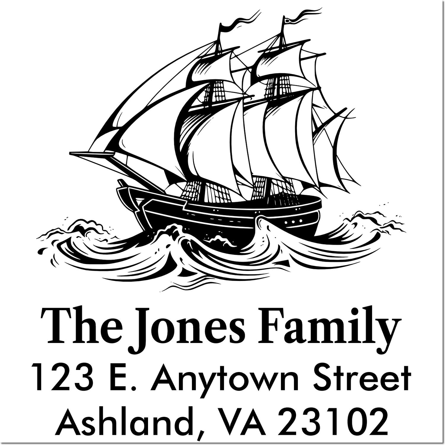 Custom return address rubber stamp with sailing ship design for The Jones Family, 123 E. Anytown Street, Ashland, VA.