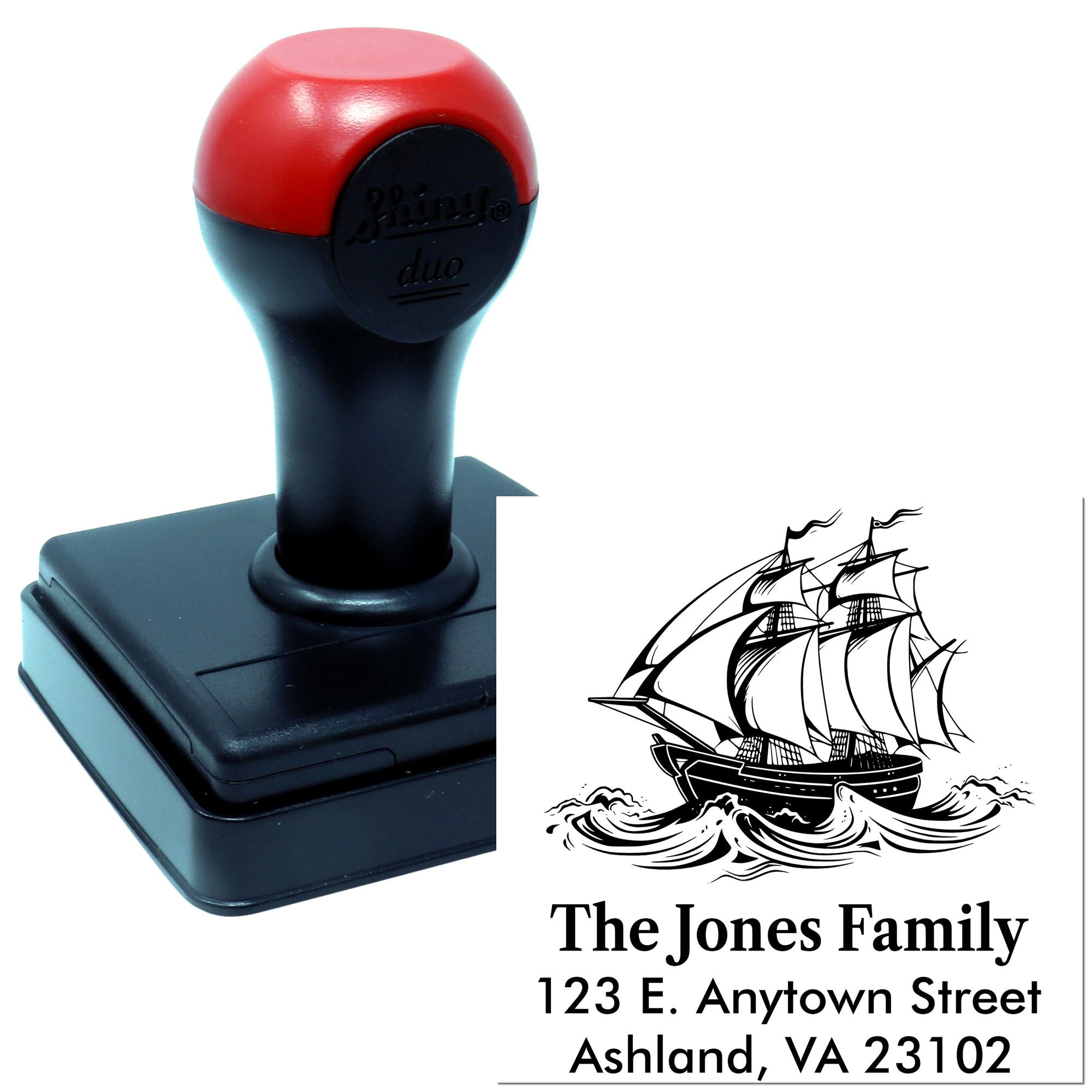 Personalized self-inking rubber stamp with sailing ship design for custom family return address use