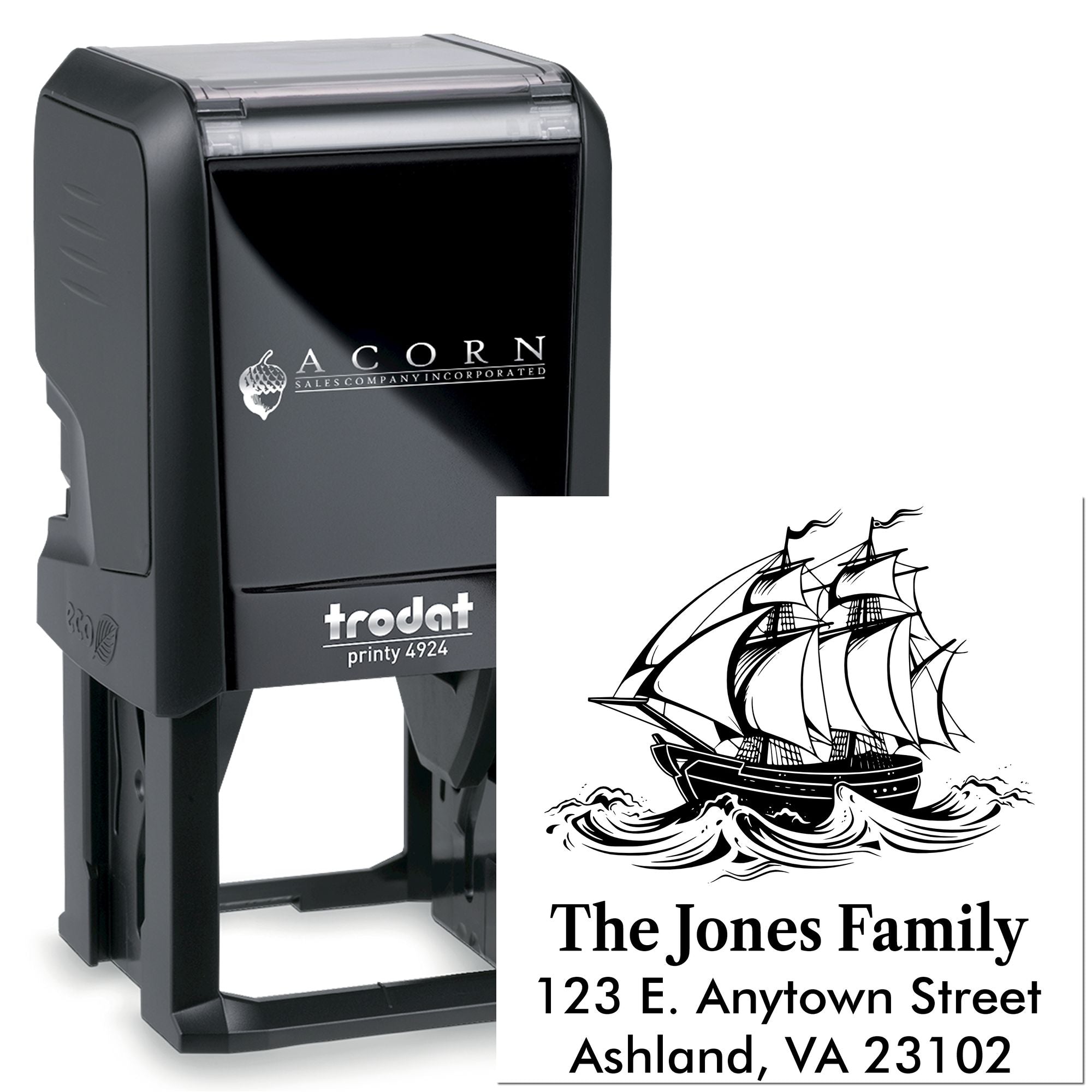 Custom self-inking rubber stamp with ship design and return address for personalized family mailing labels and business use.