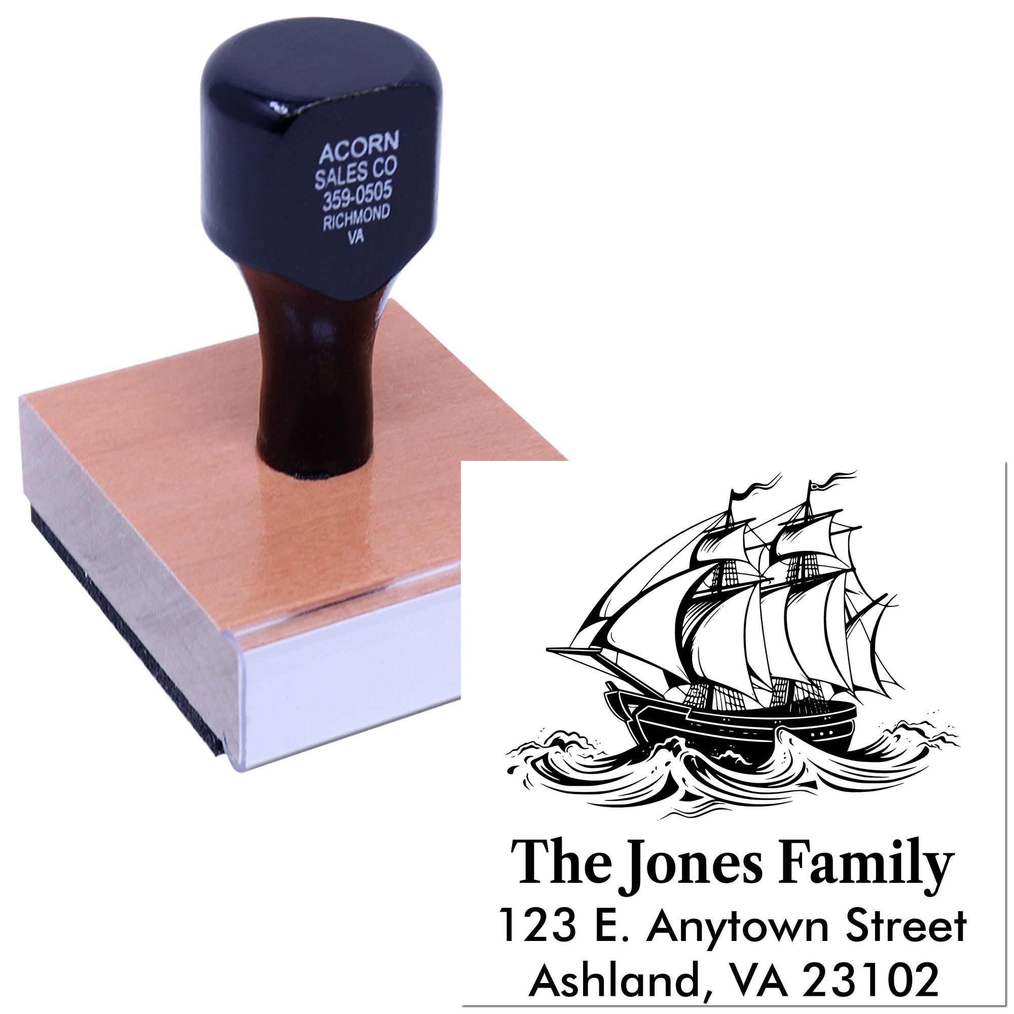 Custom rubber stamp with wood handle showing nautical ship family address design imprint.