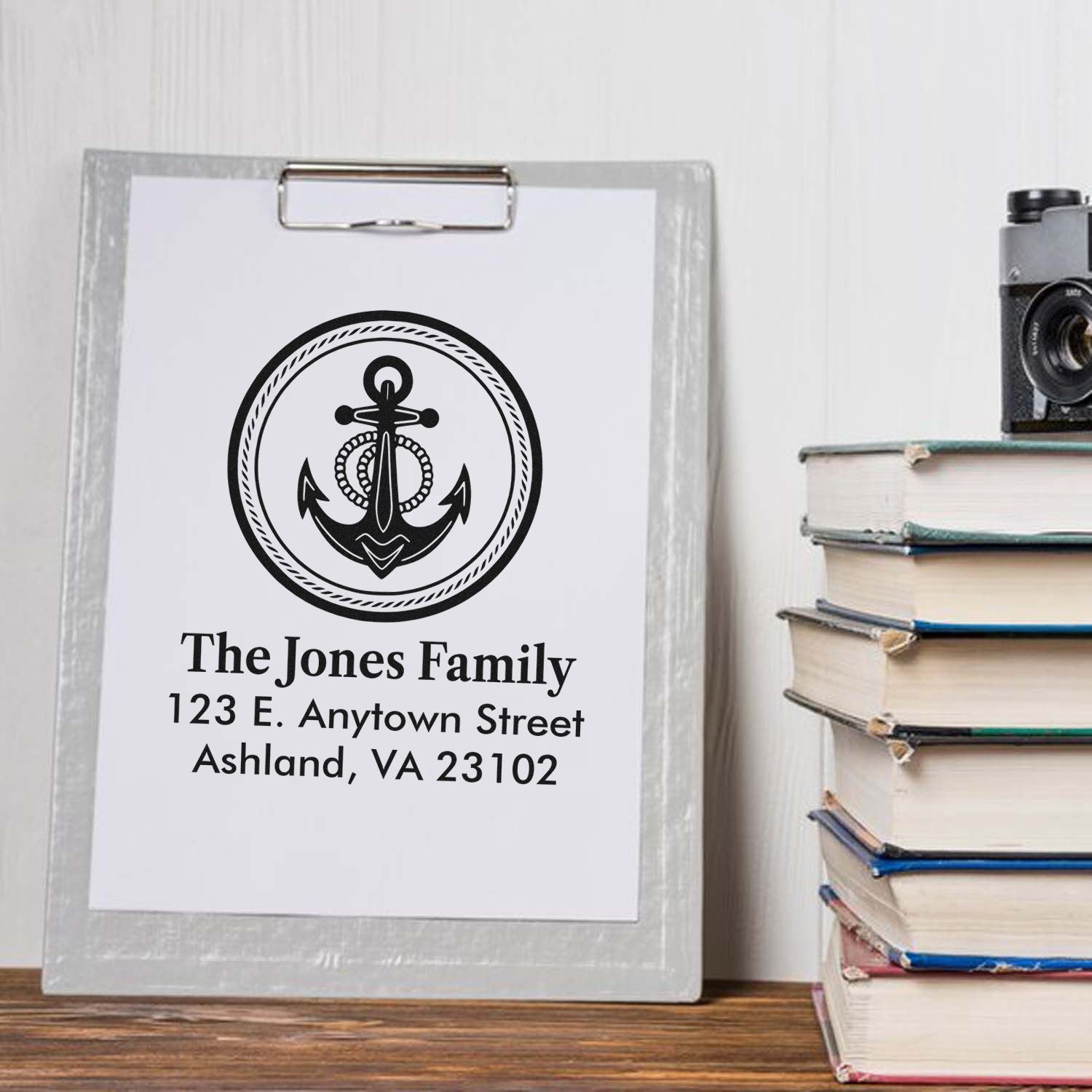 Custom anchor return address rubber stamp for The Jones Family, personalized nautical family name and home address.