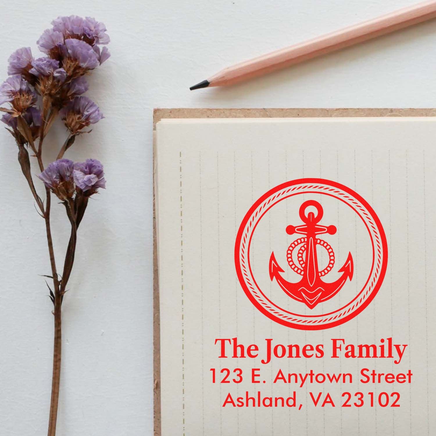Custom anchor return address rubber stamp for The Jones Family, personalized nautical stationery design