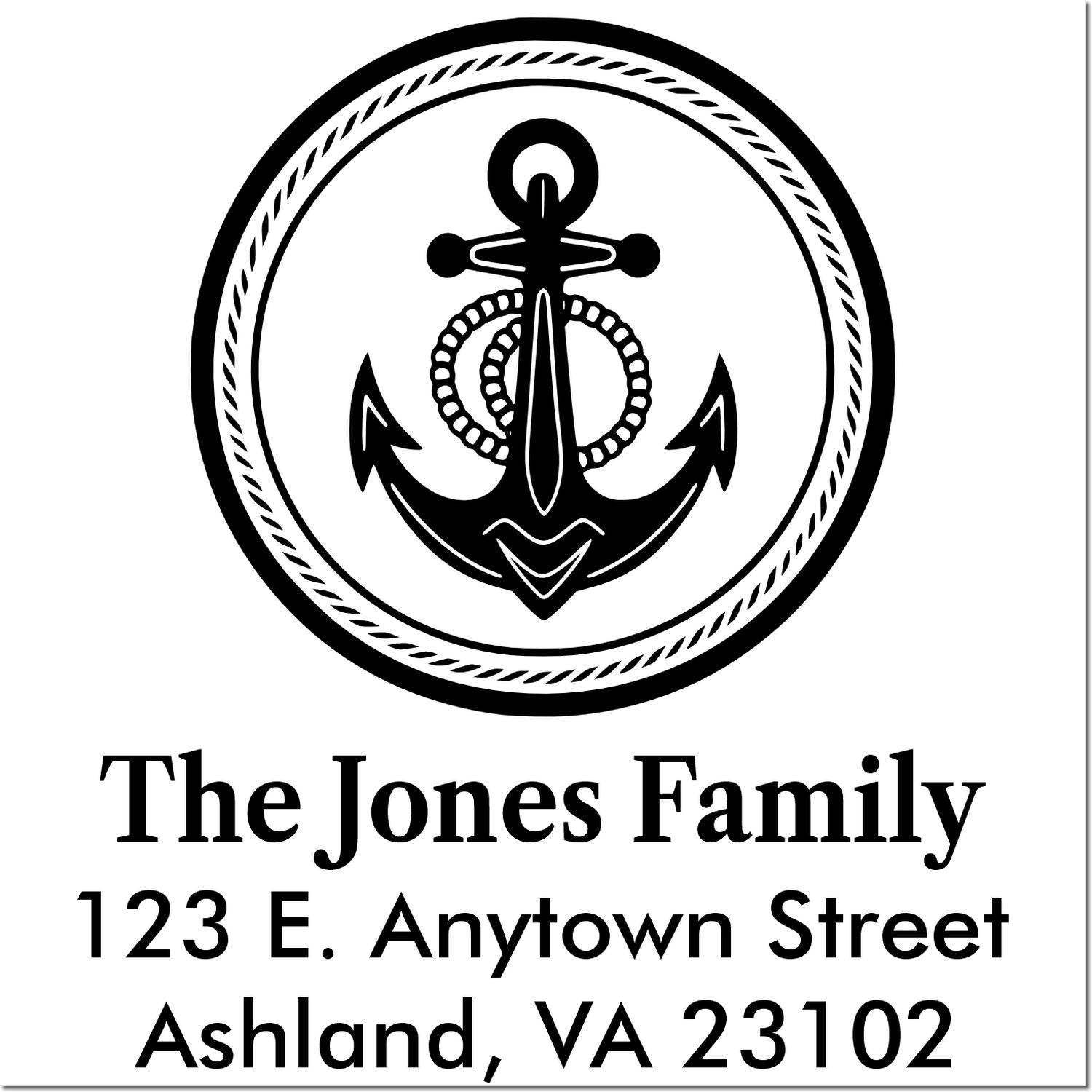Custom nautical return address rubber stamp with anchor emblem for The Jones Family, 123 E. Anytown Street, Ashland VA 23102