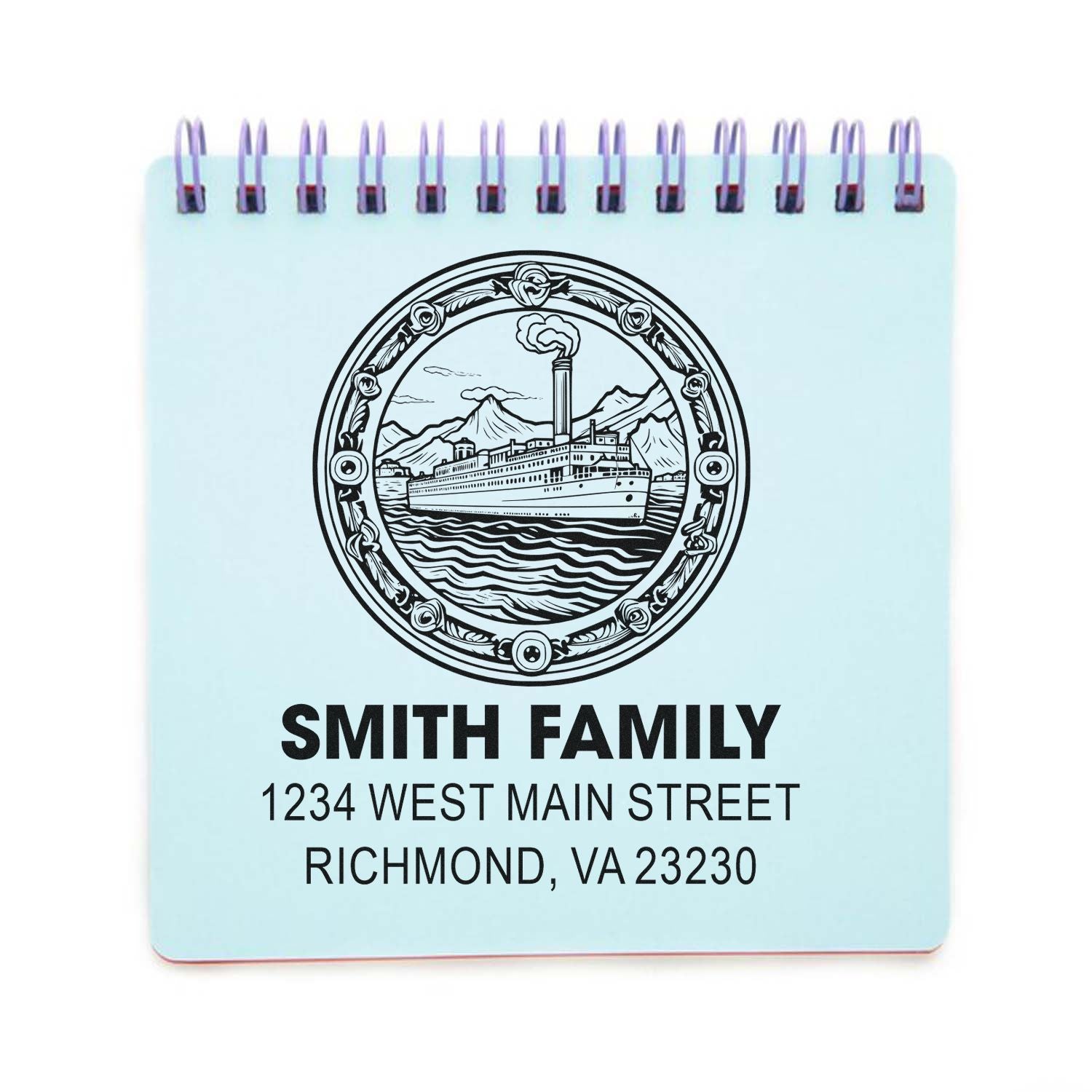 Custom family address rubber stamp design with ship emblem, Smith Family, and Richmond, VA address.