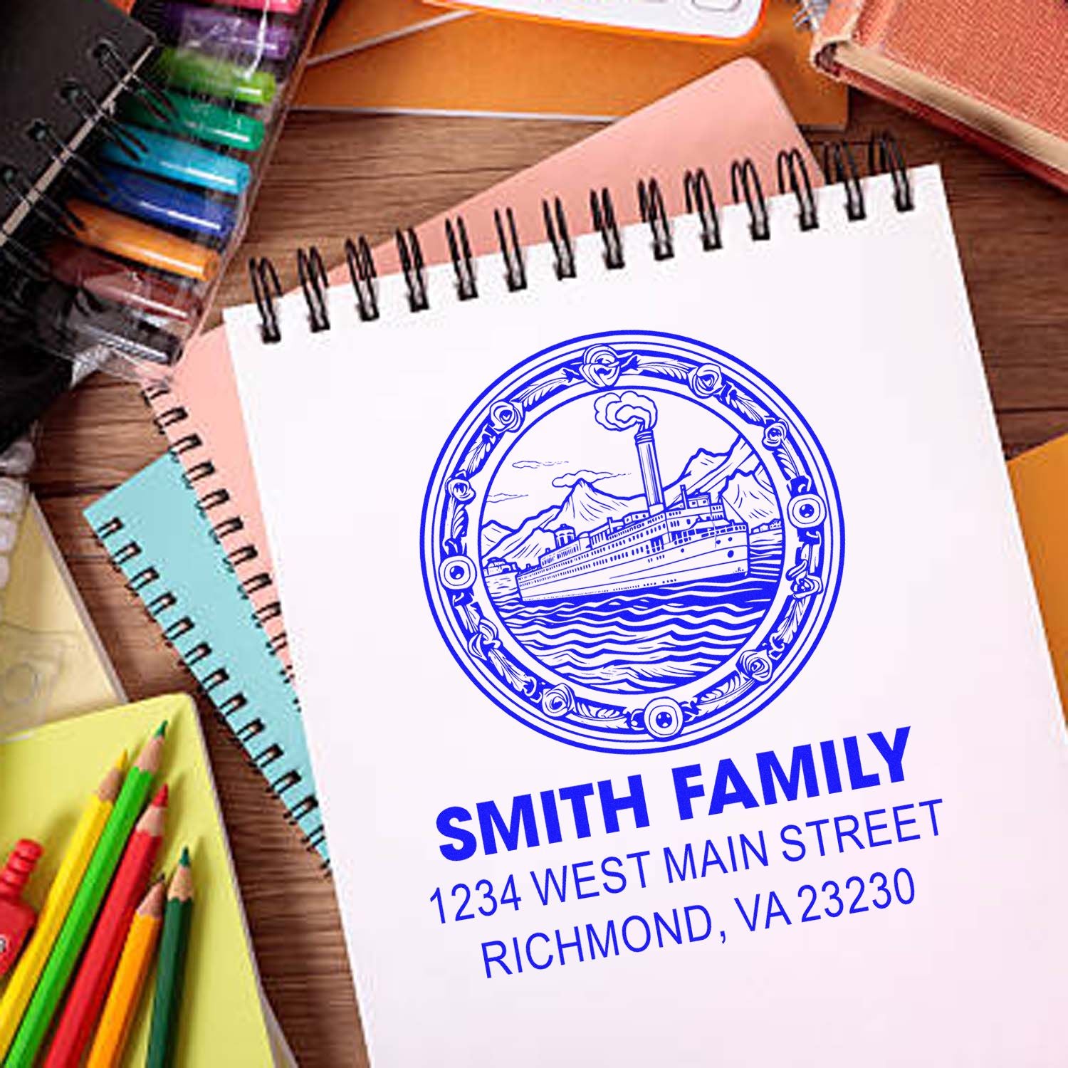 Custom family return address rubber stamp with ship emblem, Smith Family, Richmond, VA, on notepad