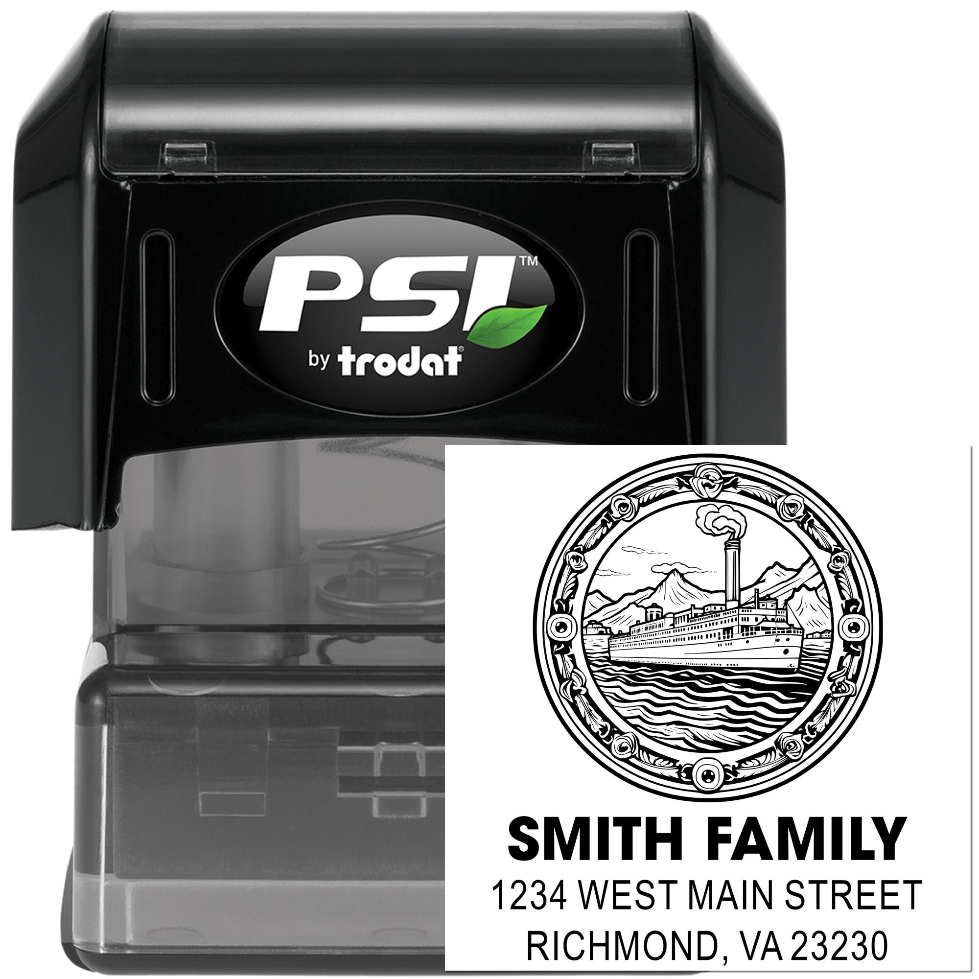 PSI by Trodat custom self-inking rubber address stamp with Smith Family nautical ship design and Richmond, VA return address.