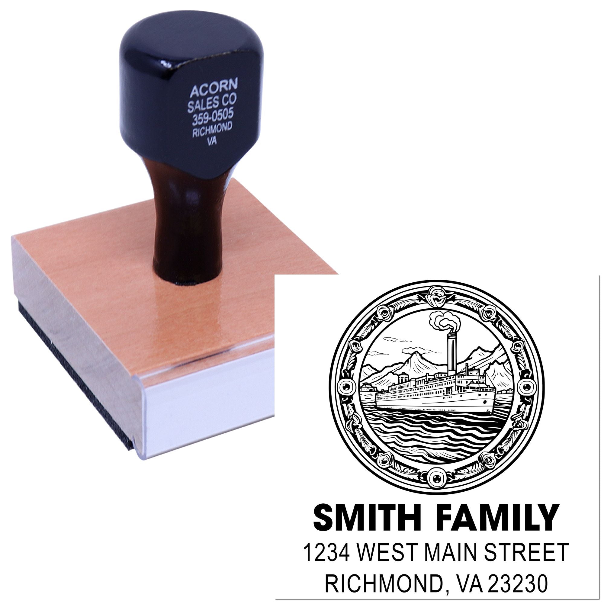 Personalized return address rubber stamp with custom family logo and address imprint for envelopes and stationery