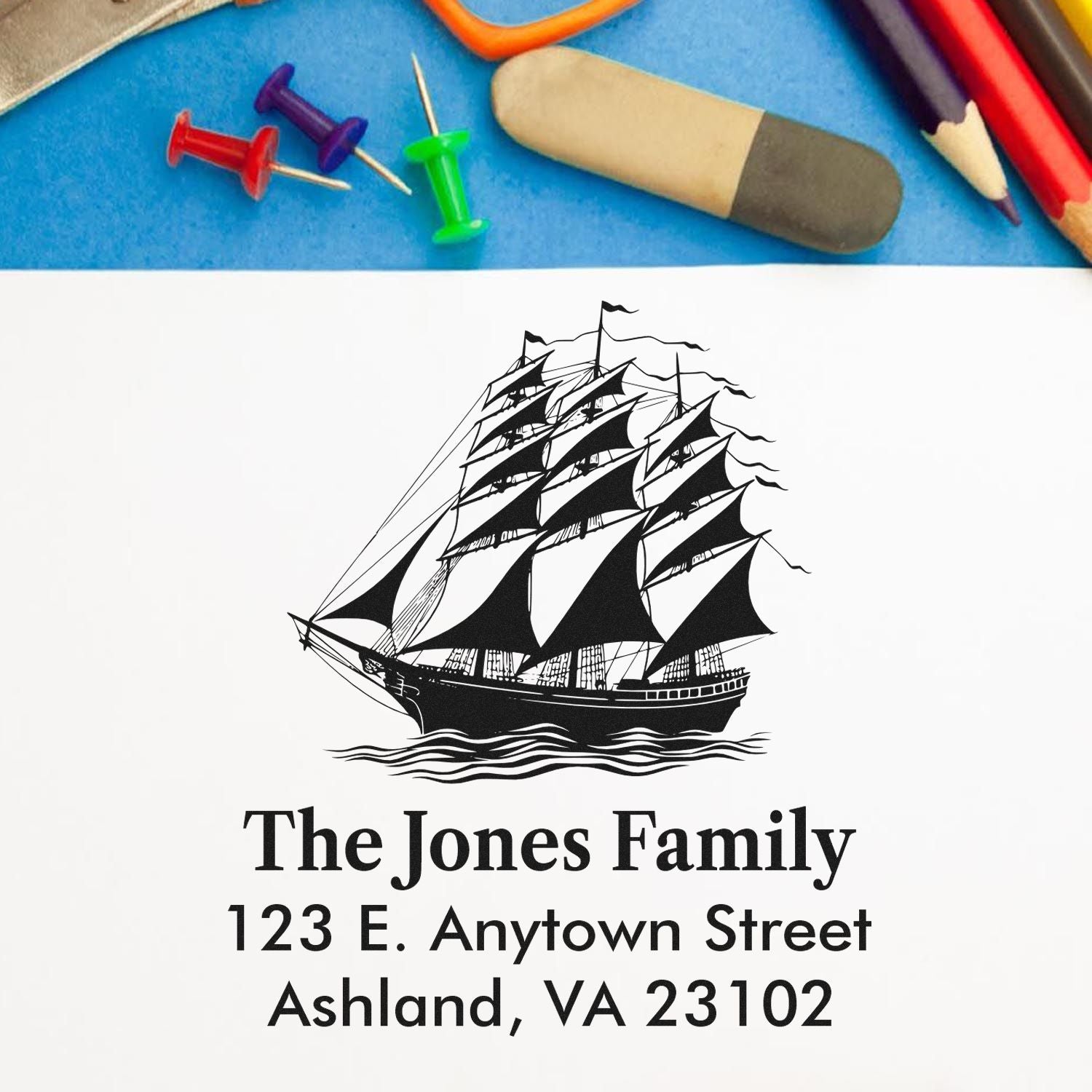 Custom nautical return address rubber stamp with sailing ship design, The Jones Family, Ashland, VA 23102