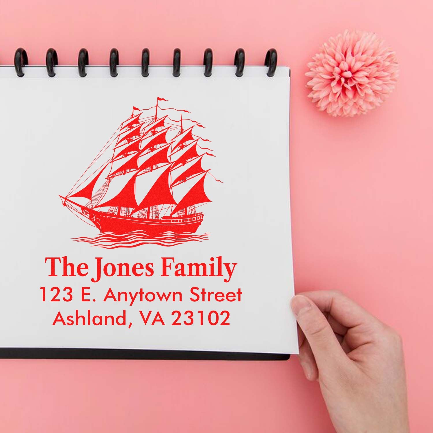 Custom address rubber stamp with vintage sailing ship design for personalized stationery, envelopes, and family mail.