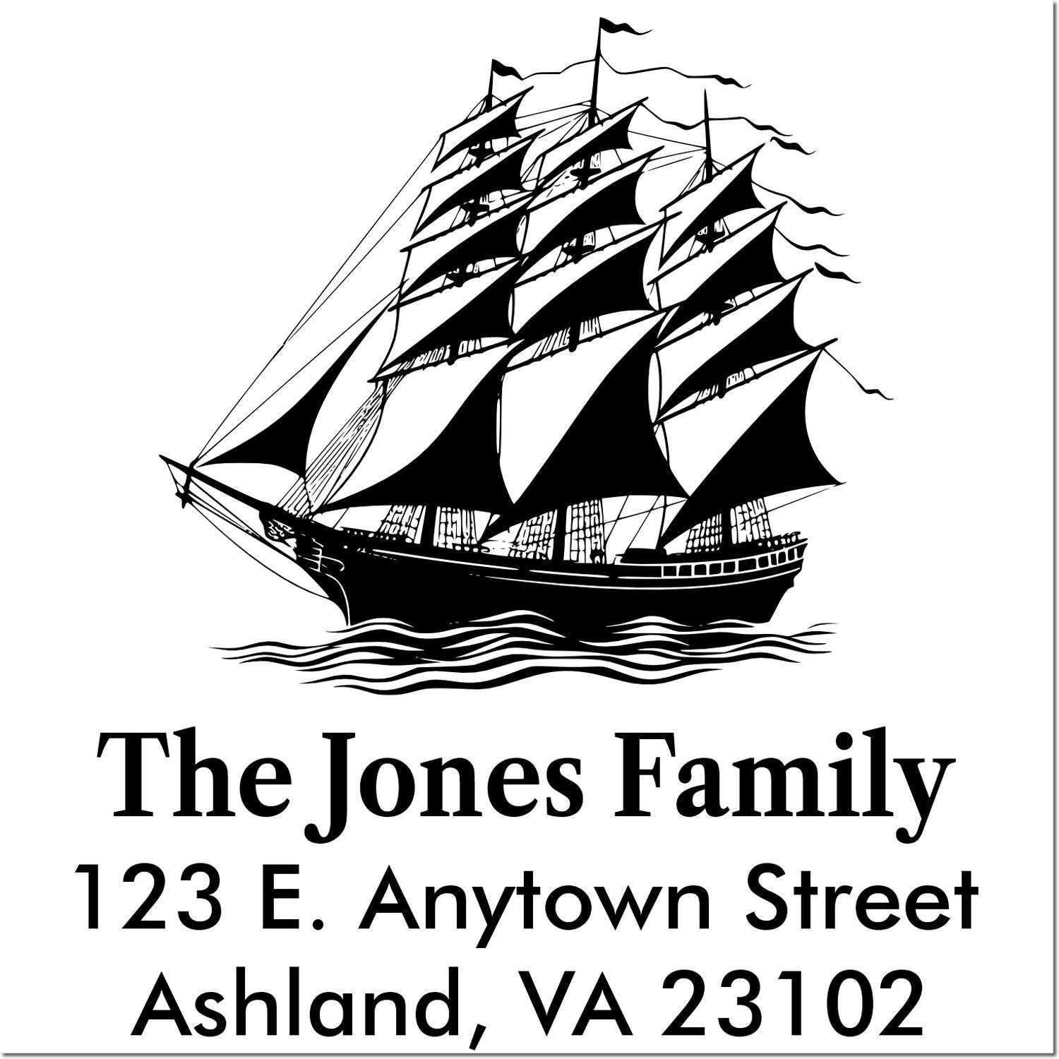 Custom sailing ship return address rubber stamp for The Jones Family, 123 E. Anytown Street, Ashland VA 23102