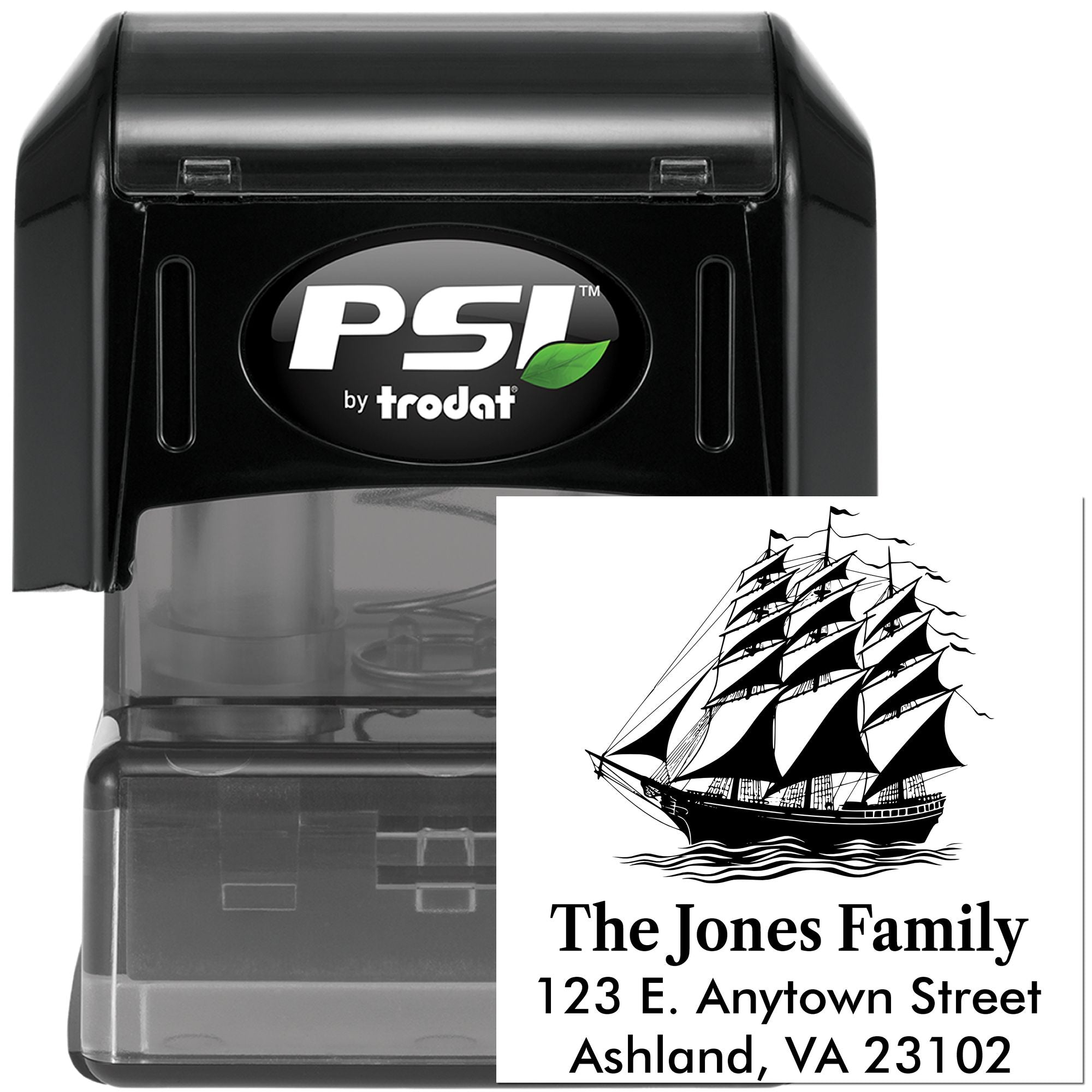 Self-inking PSI by Trodat custom address rubber stamp with sailing ship design for The Jones Family, Ashland VA.