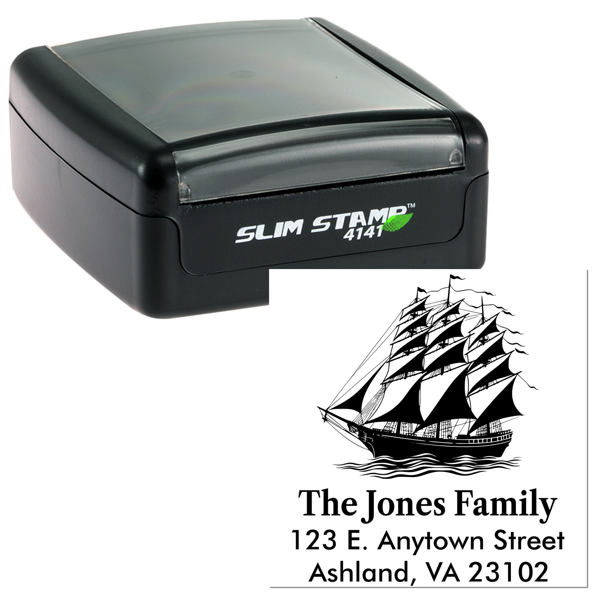 Slim Stamp 4141 self-inking custom rubber address stamp with sailing ship design for personalized family mail.