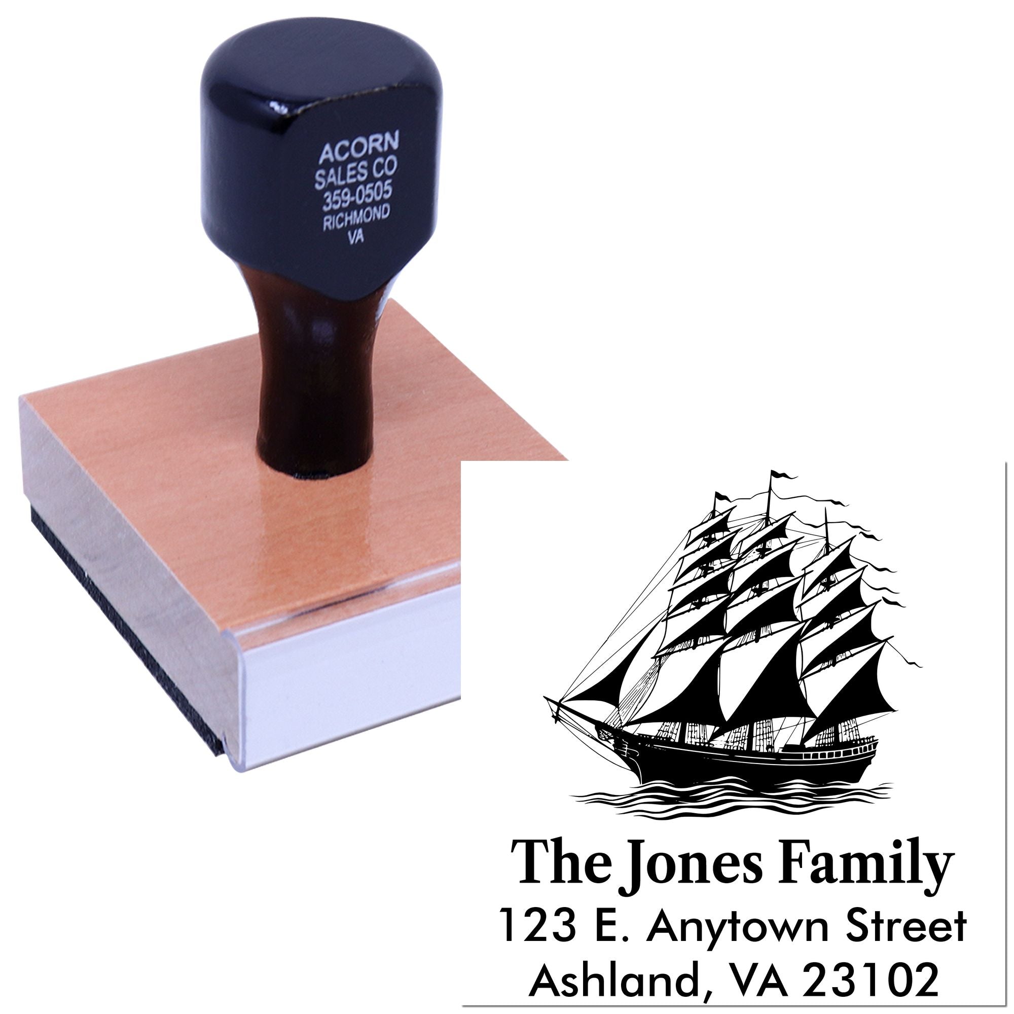 Custom return address rubber stamp with sailing ship design for personalized family mailings