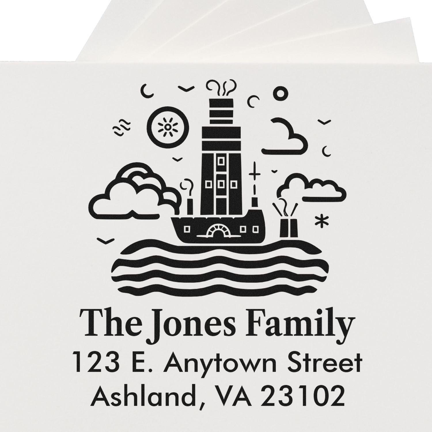 Custom personalized lighthouse return address rubber stamp for The Jones Family, 123 E. Anytown Street, Ashland, VA 23102.