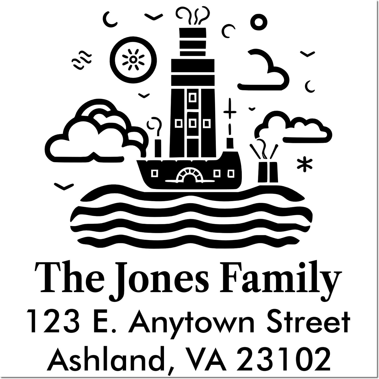 Custom family address rubber stamp with lighthouse design, The Jones Family, Ashland, VA 23102 for mail and stationery.