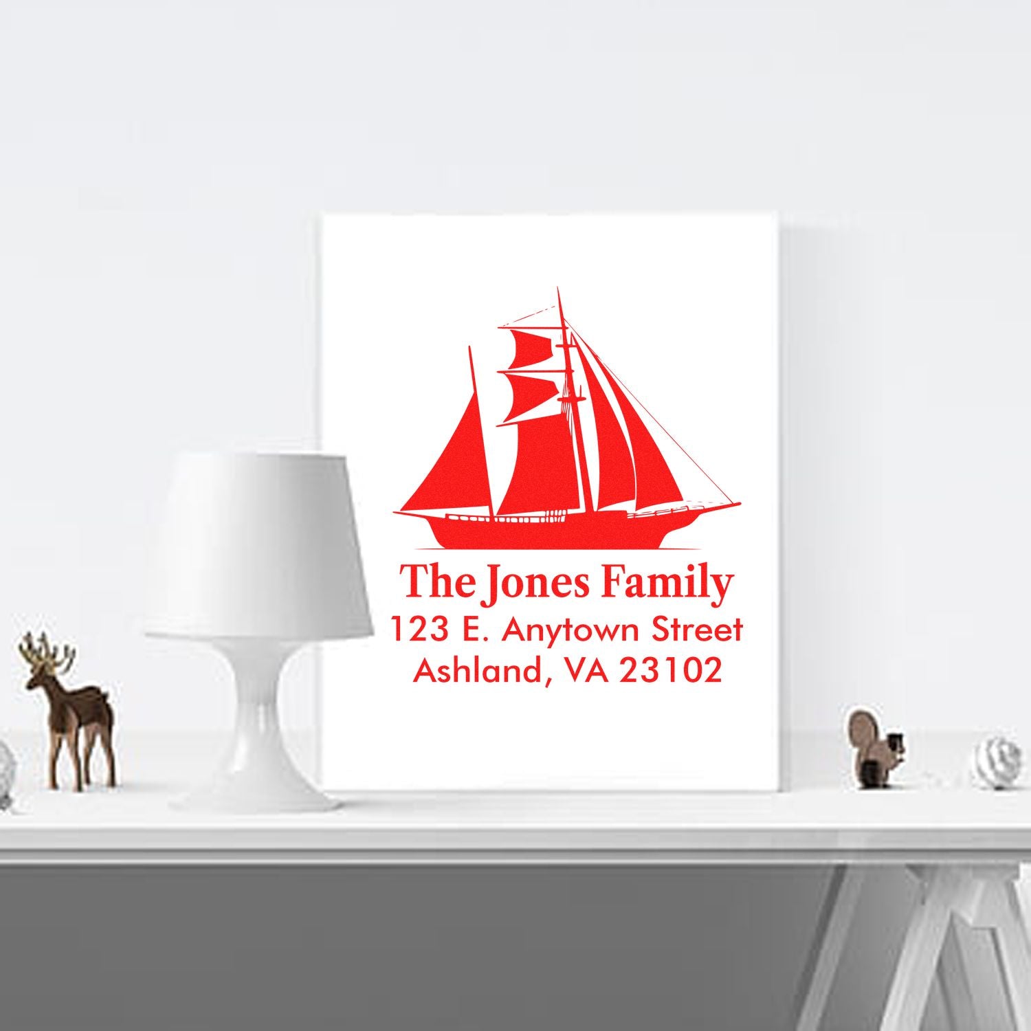 Custom sailboat return address rubber stamp for The Jones Family, Ashland VA 23102.