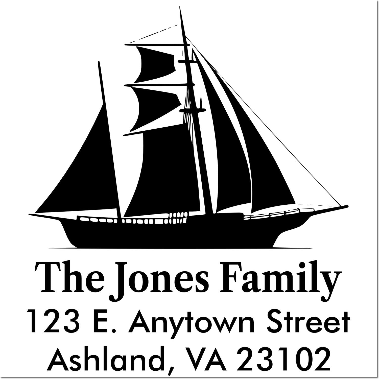 Personalized sailboat return address rubber stamp for The Jones Family, 123 E. Anytown Street, Ashland, VA 23102.