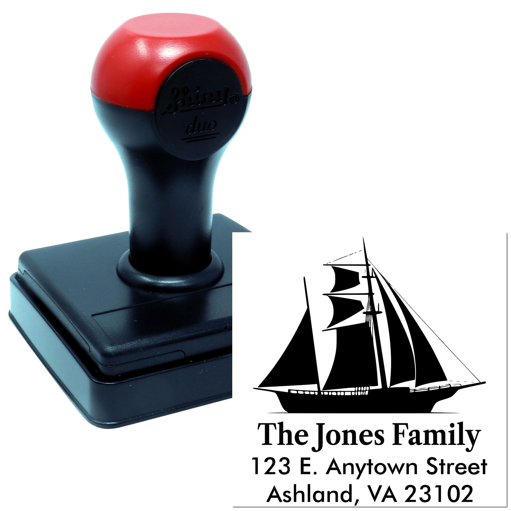 Custom self-inking rubber address stamp with sailboat design for The Jones Family, Ashland VA.