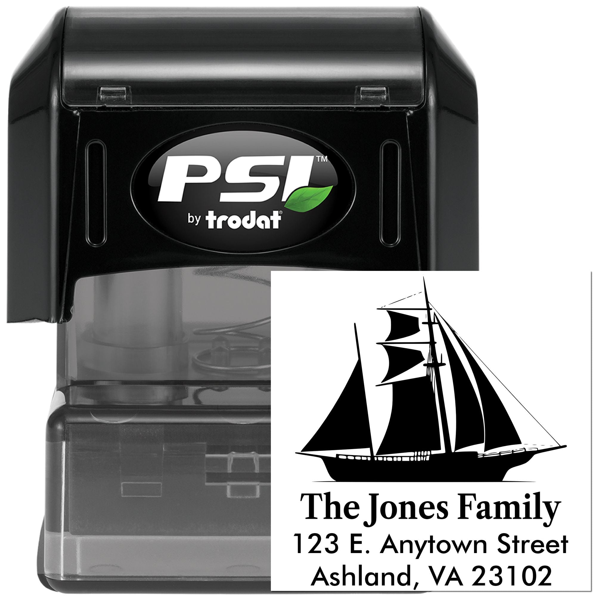 Self-inking custom rubber address stamp with sailboat design for The Jones Family, Ashland, VA 23102
