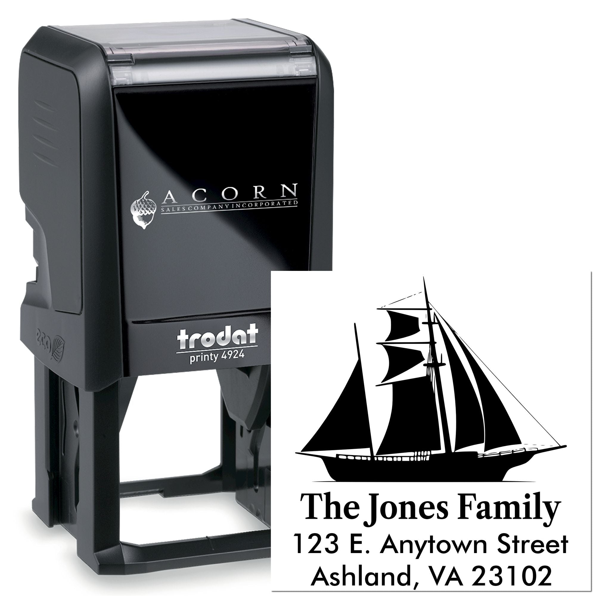 Personalized self-inking return address rubber stamp with sailboat logo and custom family name and address