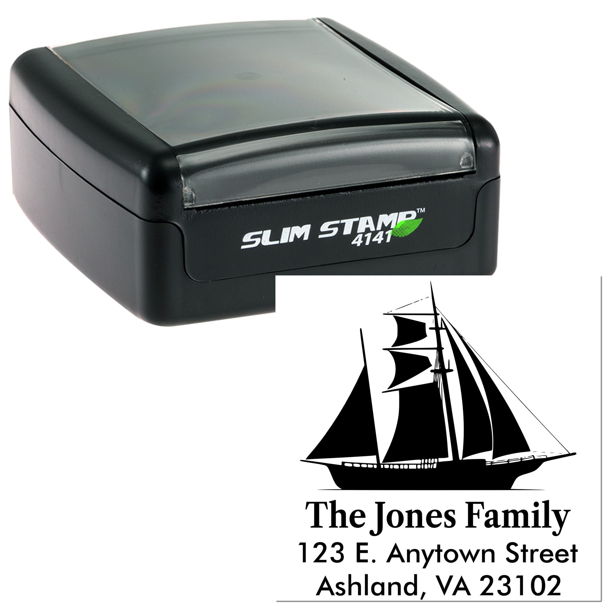 Custom self-inking rubber address stamp with sailboat design for The Jones Family, Ashland, VA.