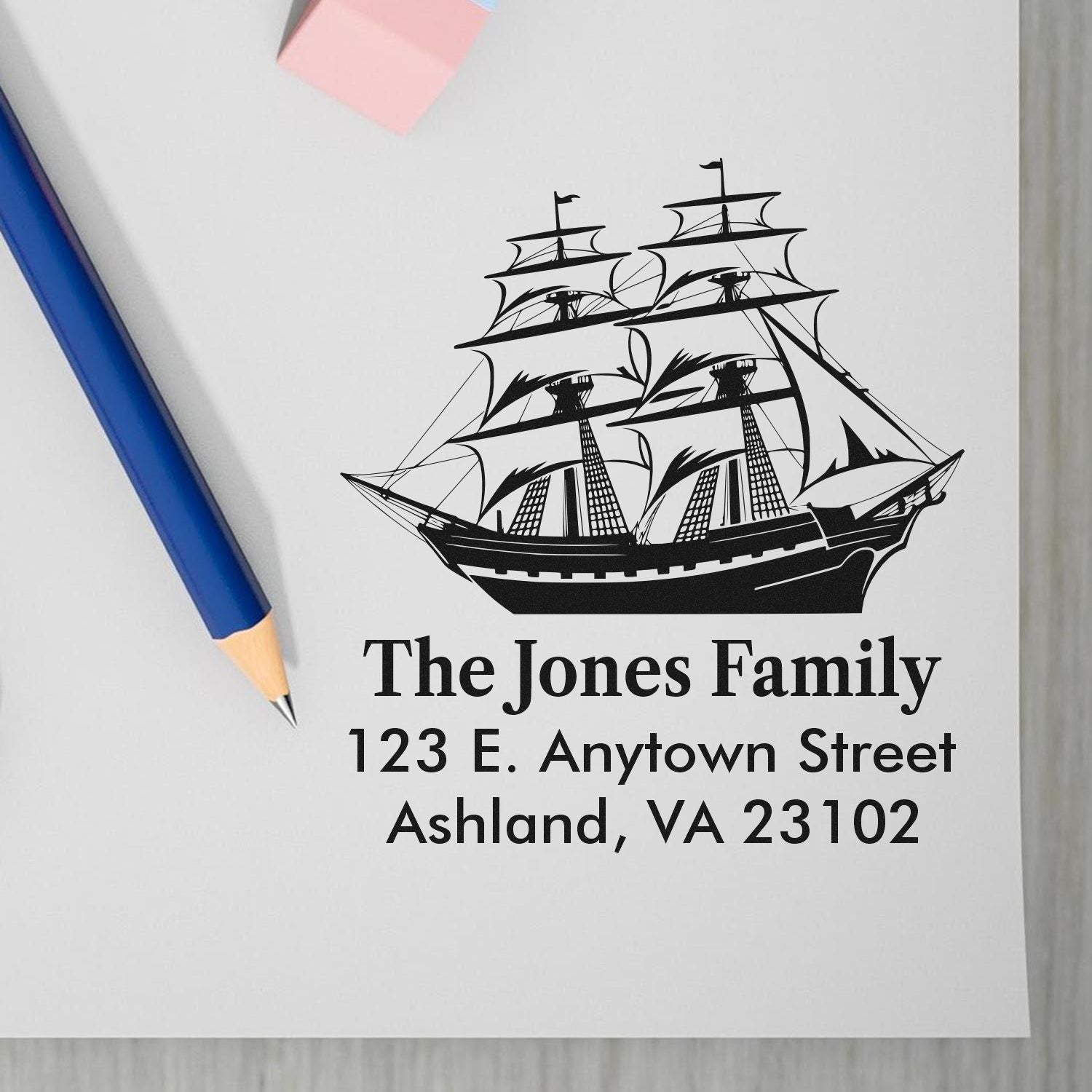 Personalized nautical return address rubber stamp with sailing ship design for The Jones Family, Ashland, VA 23102
