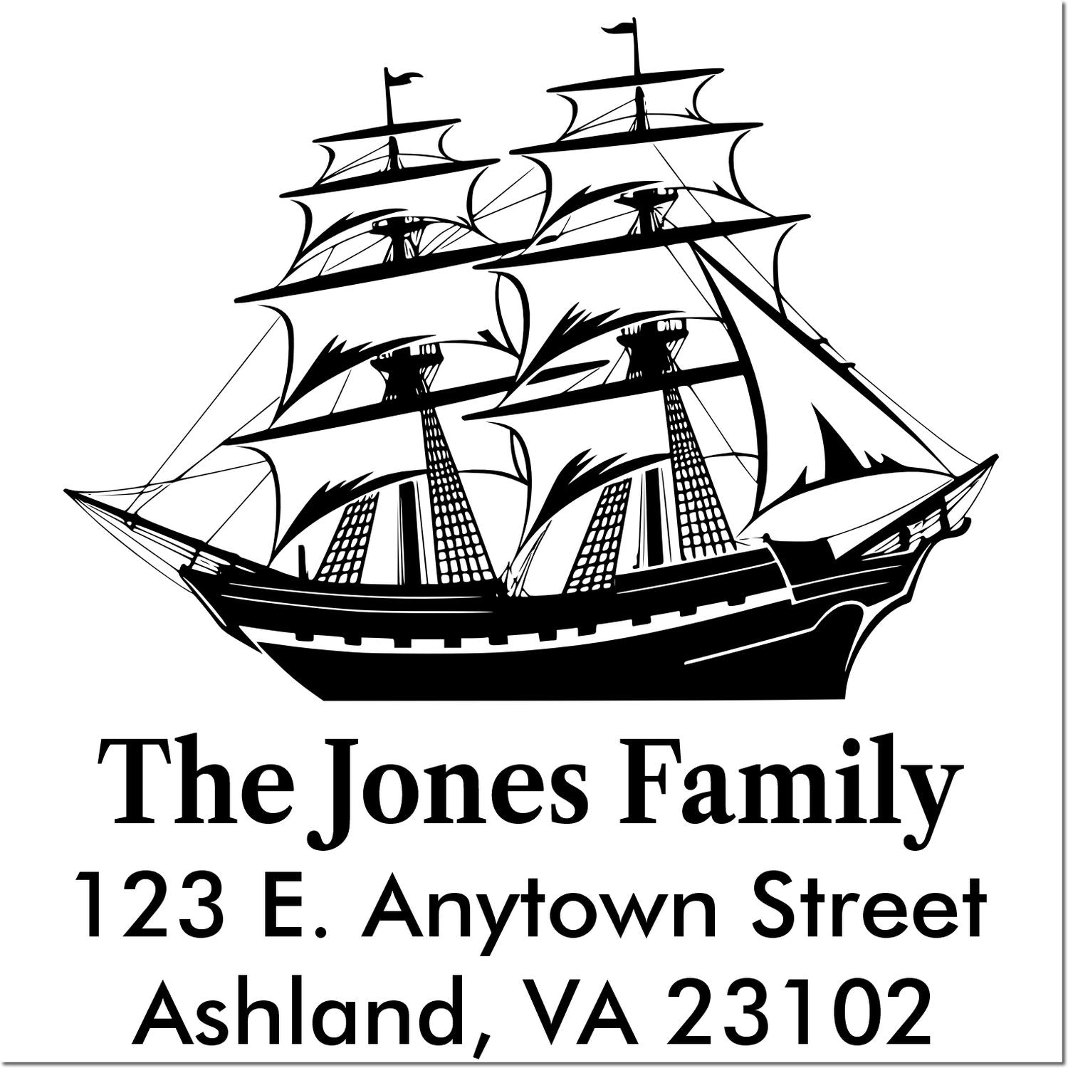 Custom sailing ship return address rubber stamp for The Jones Family, 123 E. Anytown Street, Ashland, VA 23102