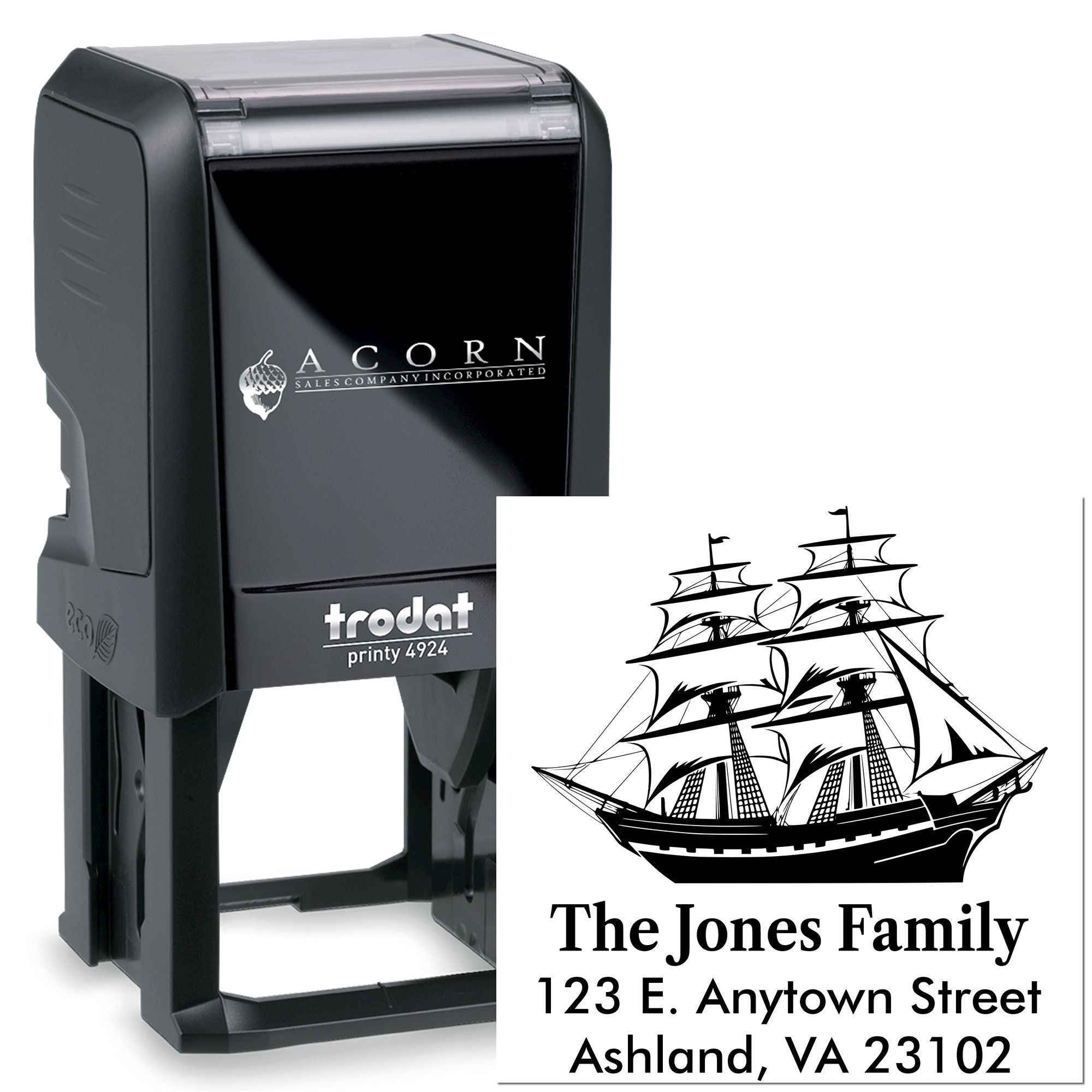 Custom self-inking rubber stamp with ship design and family return address, using Trodat Printy 4924 for personalized mailing.