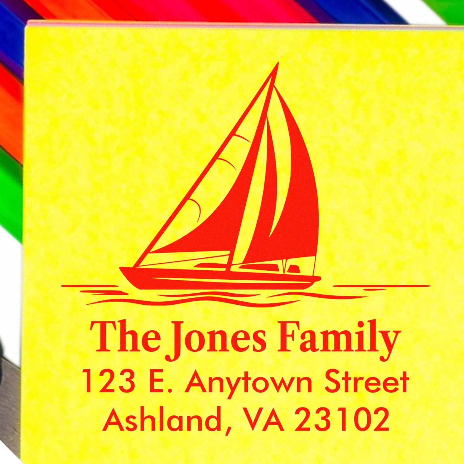 Custom sailboat return address rubber stamp for The Jones Family, 123 E. Anytown Street, Ashland, VA 23102