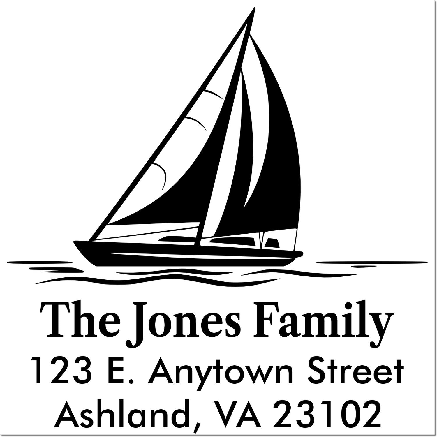 Personalized sailboat return address rubber stamp for The Jones Family, 123 E. Anytown St., Ashland, VA 23102