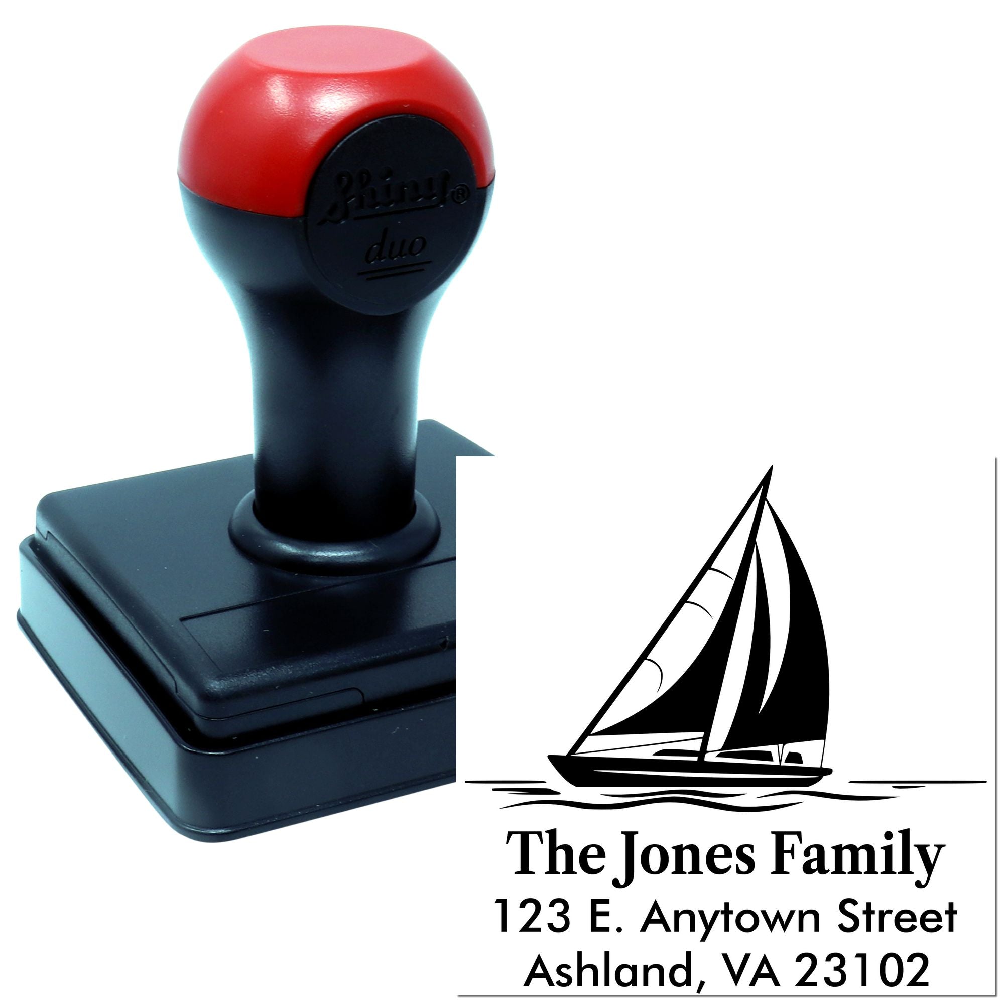 Custom rubber address stamp with sailboat design for The Jones Family, Ashland, VA 23102