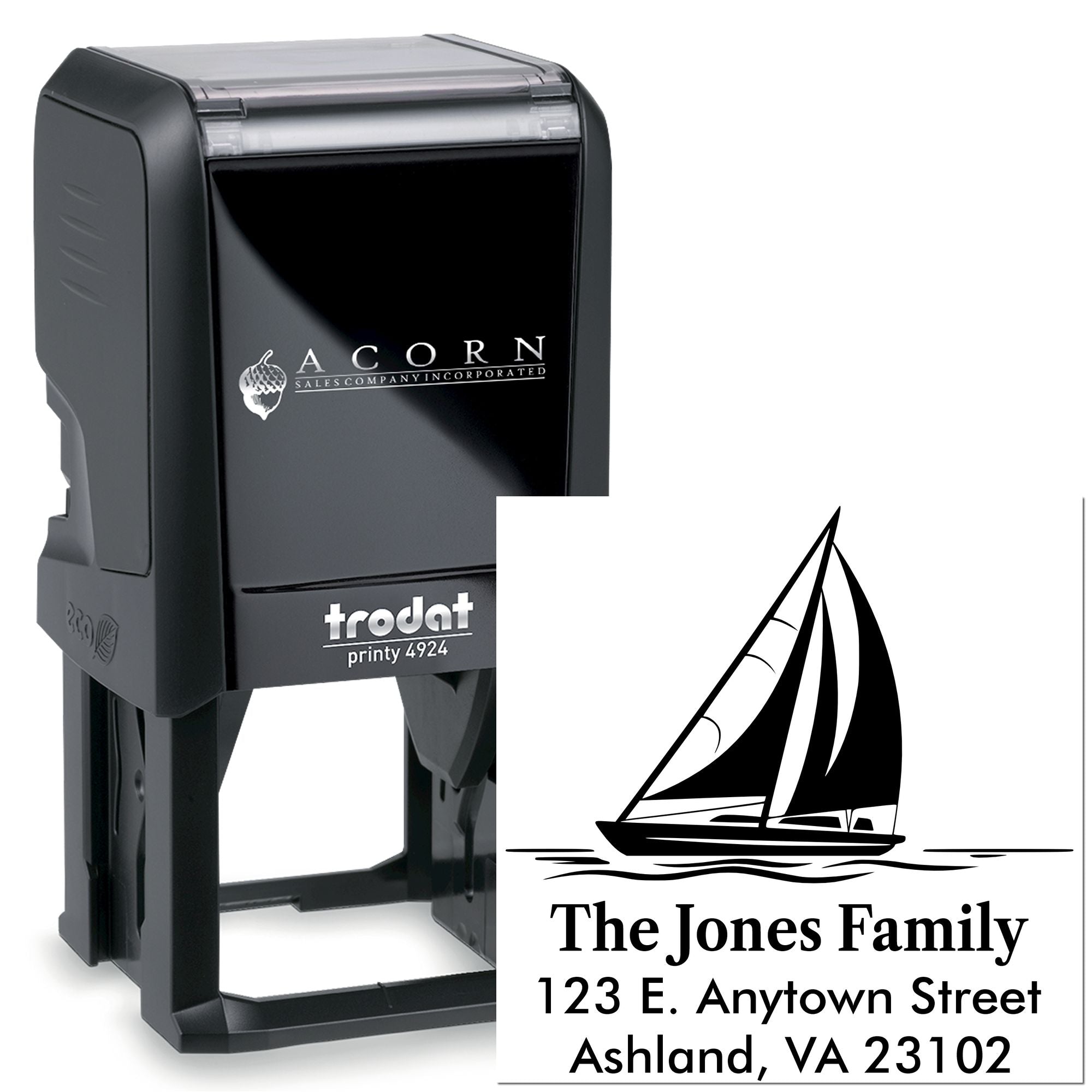 Custom self-inking rubber stamp, Trodat Printy 4924, with sailboat return address design for family mail.