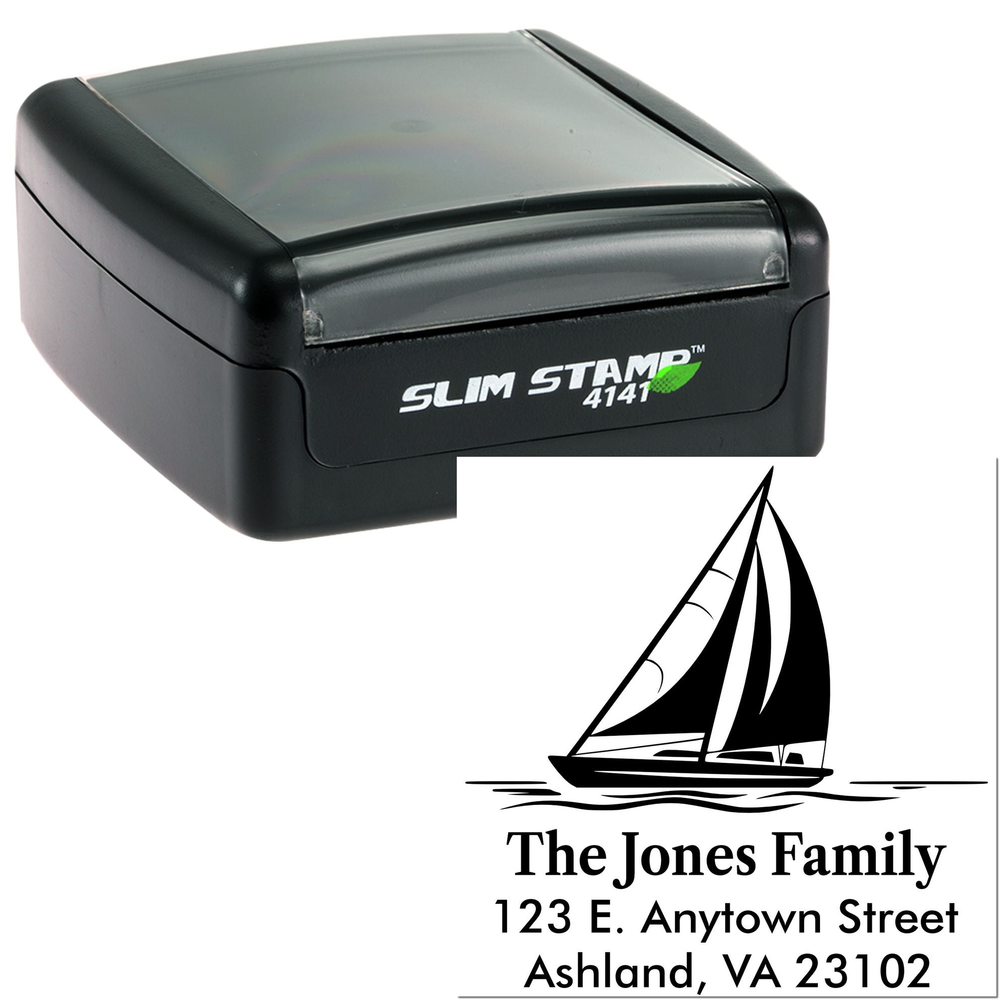 Slim Stamp 4141 personalized return address rubber stamp featuring sailboat design and custom family address imprint.