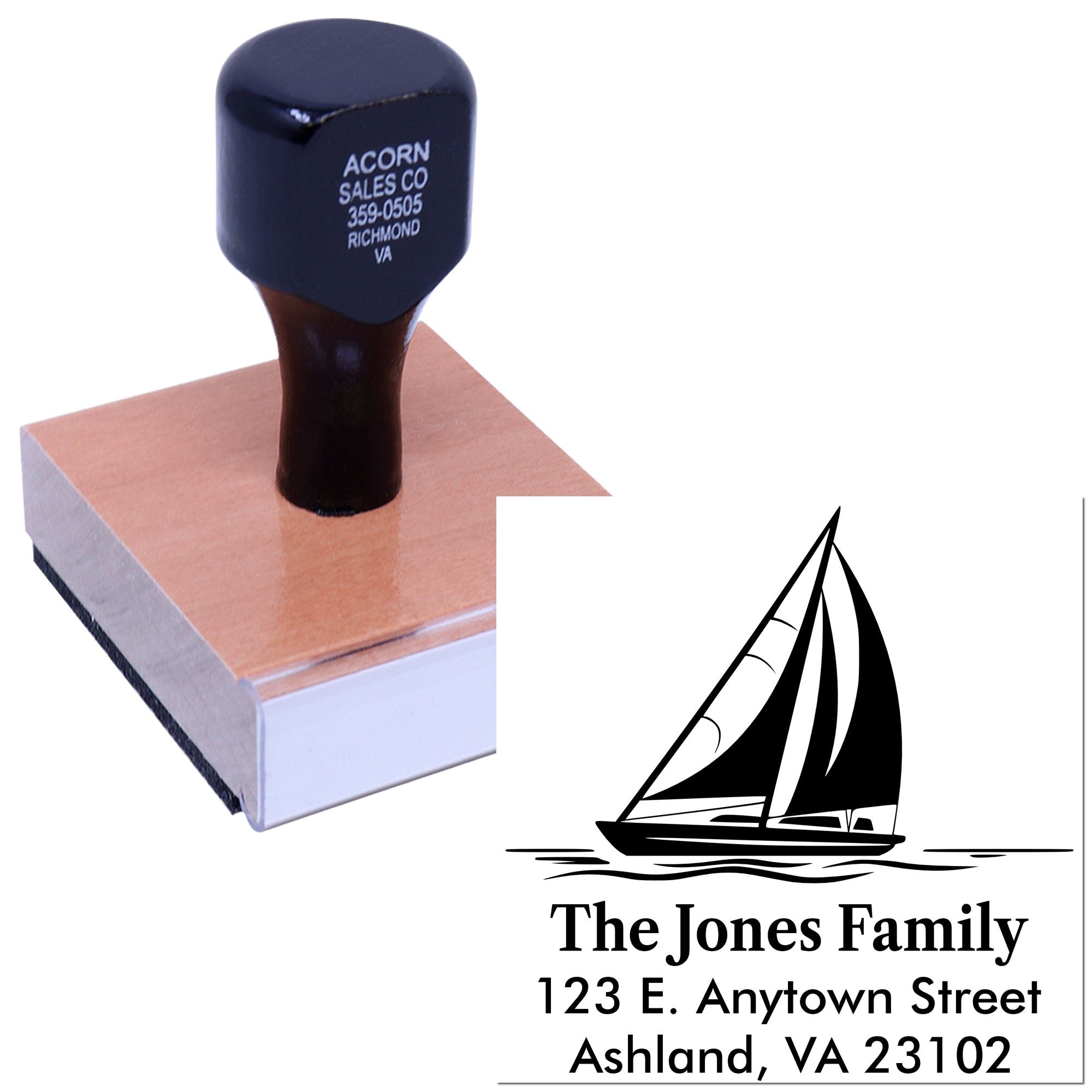 Custom sailboat family address rubber stamp with name and mailing address for personalized return address use.