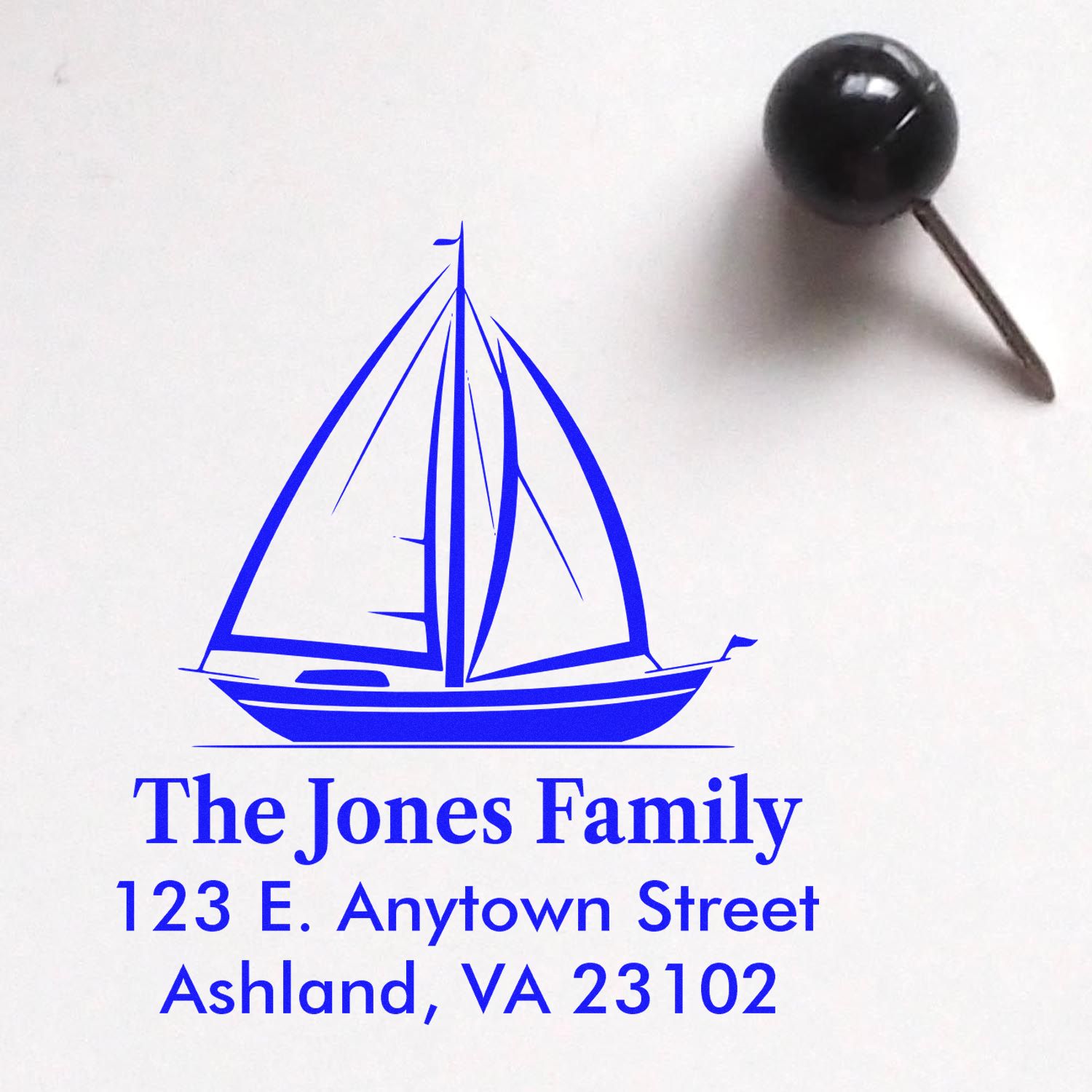 Custom sailboat return address rubber stamp for The Jones Family, personalized with name and Ashland, VA mailing address.
