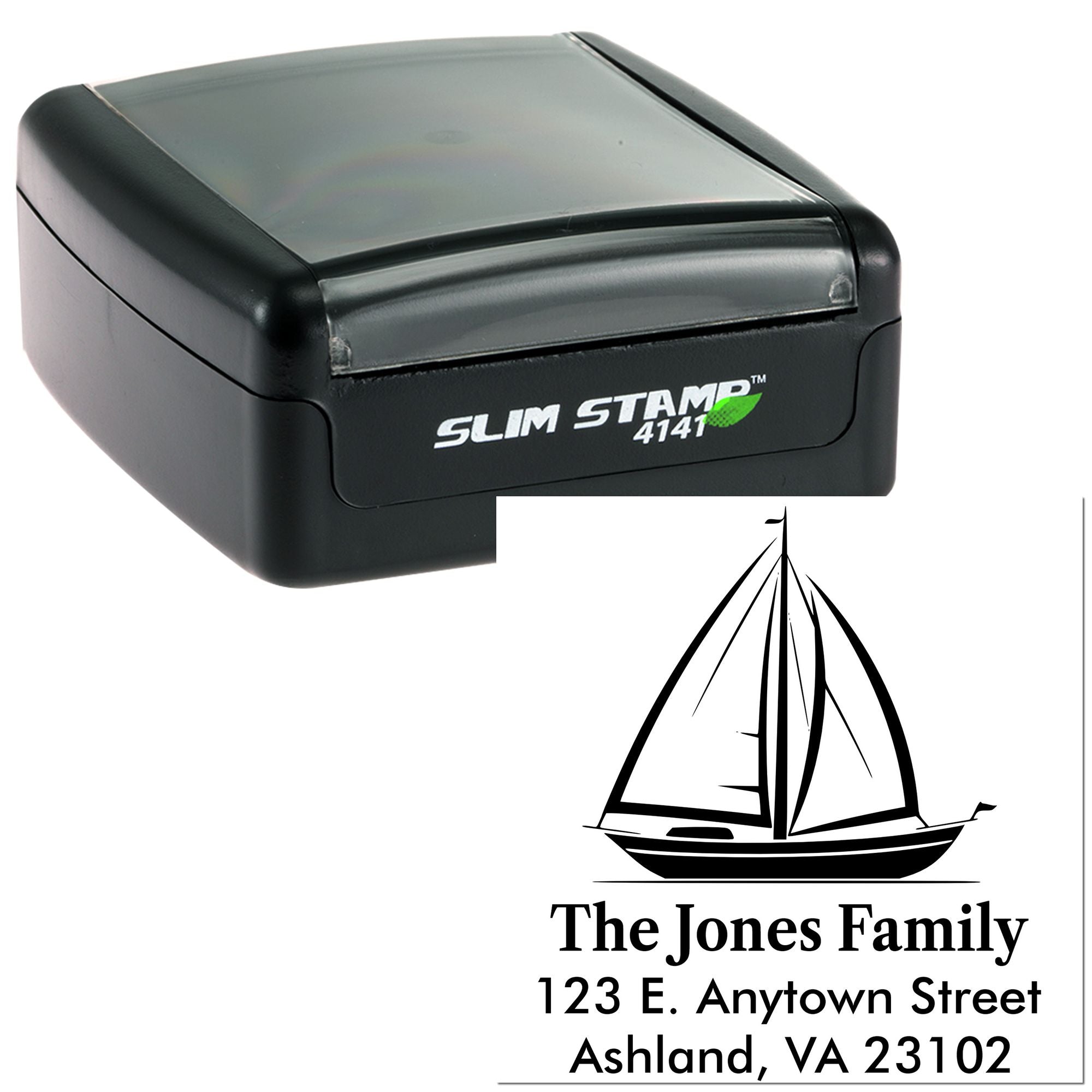 Slim Stamp 4141 personalized family address rubber stamp with sailboat logo for custom mail and return address stamping